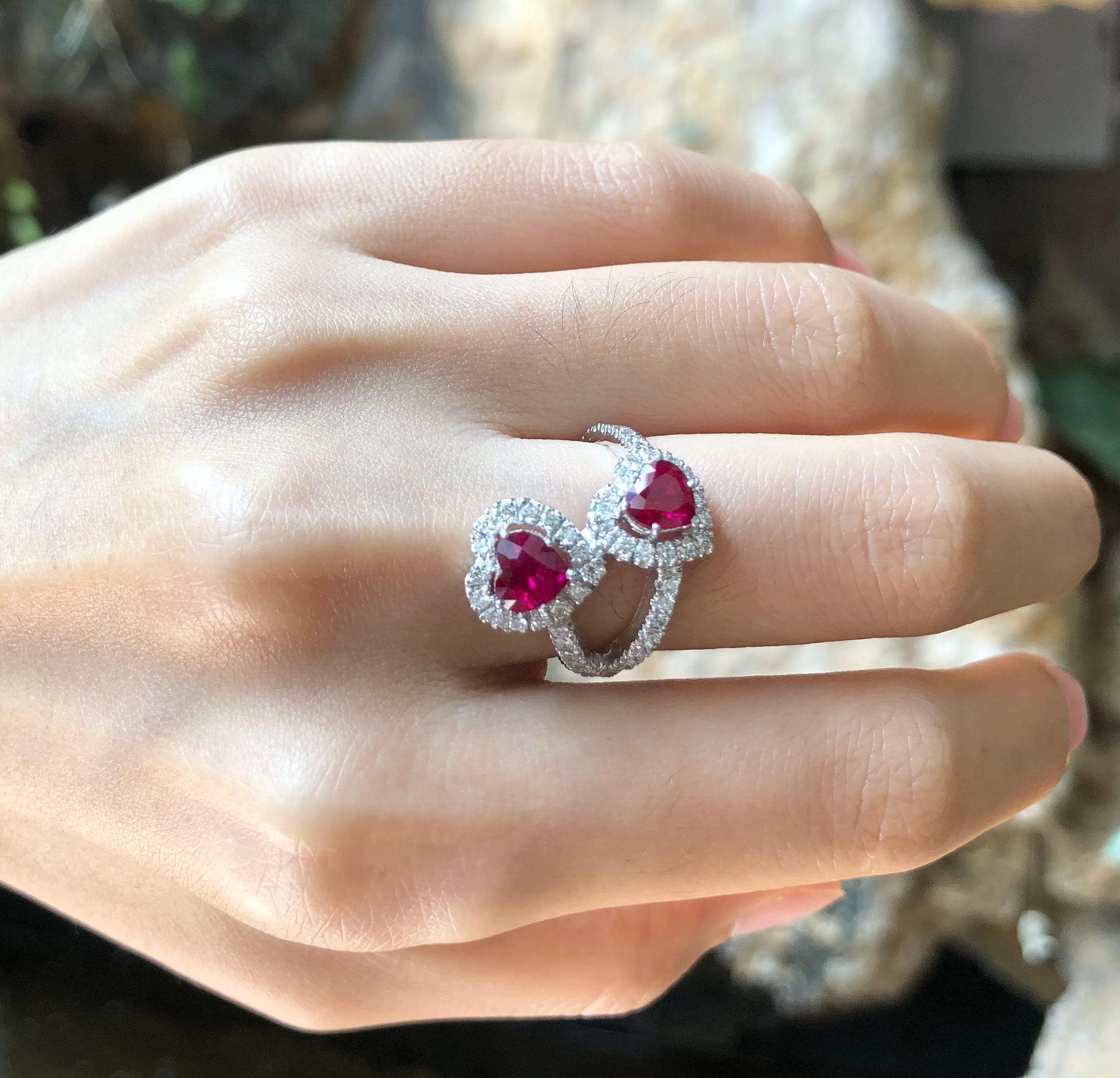 Heart Cut Heart Shape Ruby with Diamond Ring set in 18 Karat White Gold Settings For Sale