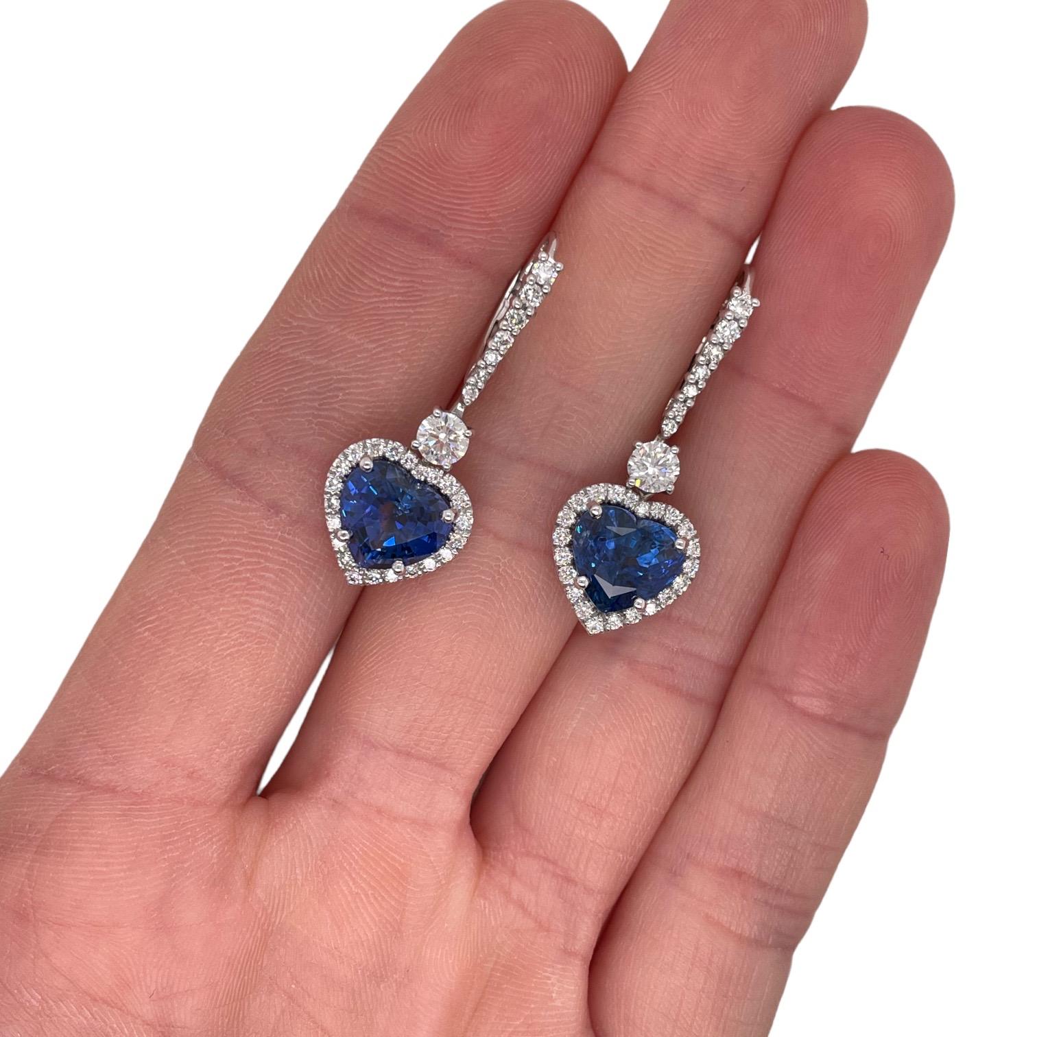 Romantic Heart Shape Sapphire & Diamond Drop Earrings in 18K White Gold For Sale