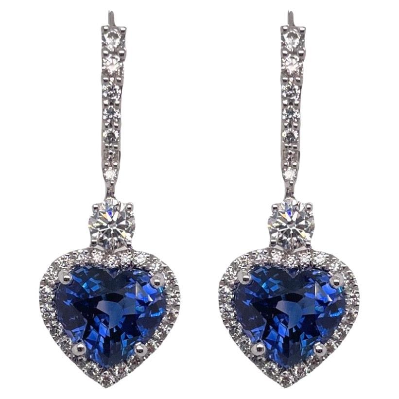 Heart Shape Sapphire & Diamond Drop Earrings in 18K White Gold For Sale