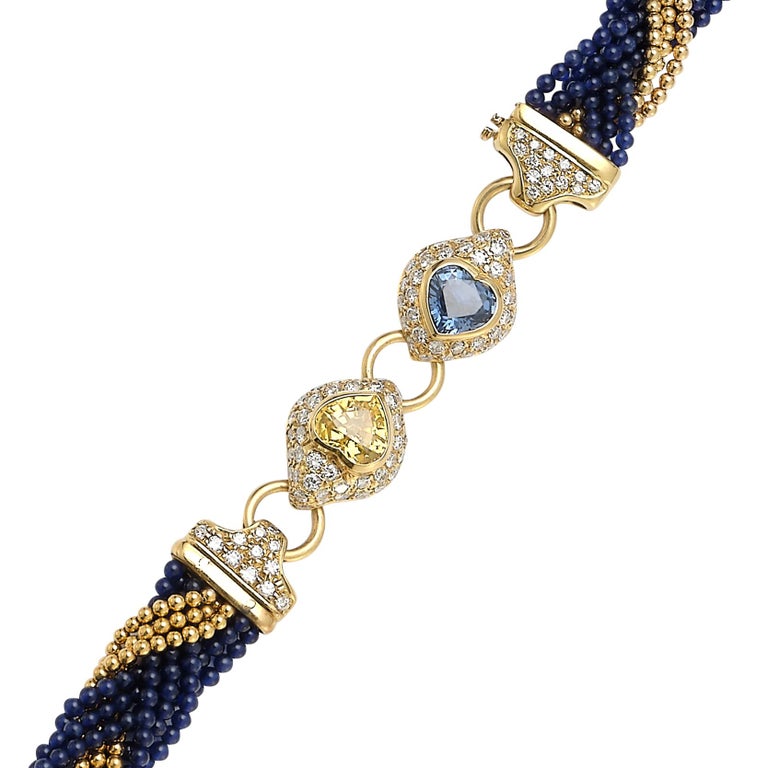 Heart Shape Sapphire and Gold Bead Diamond Necklace For Sale at 1stDibs