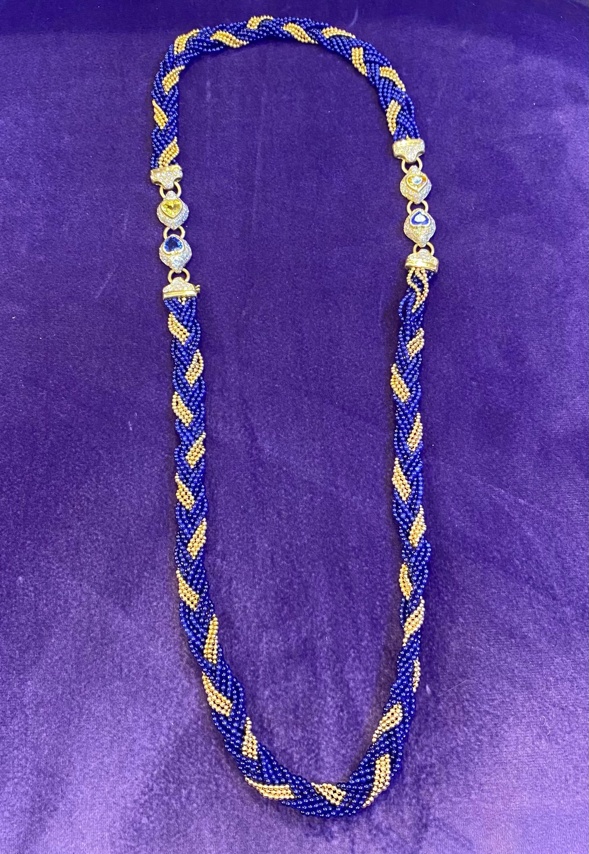 Heart Shape Sapphire & Gold Bead Diamond Necklace For Sale 2