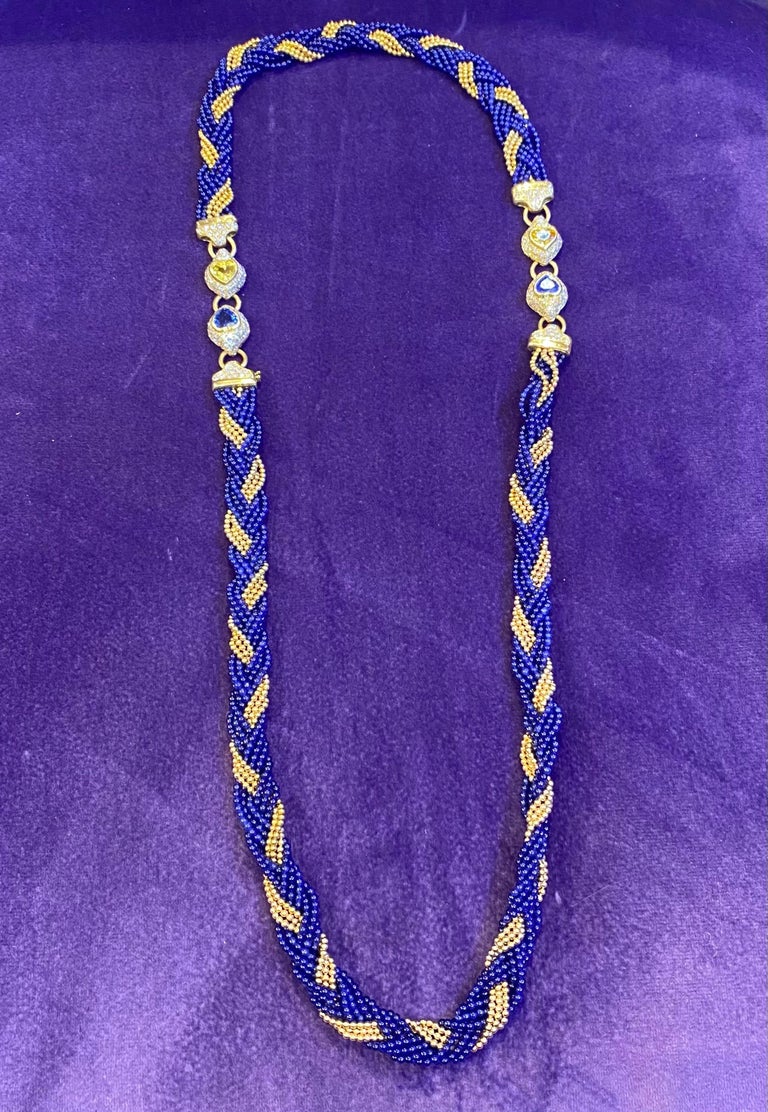 Heart Shape Sapphire and Gold Bead Diamond Necklace For Sale at 1stDibs