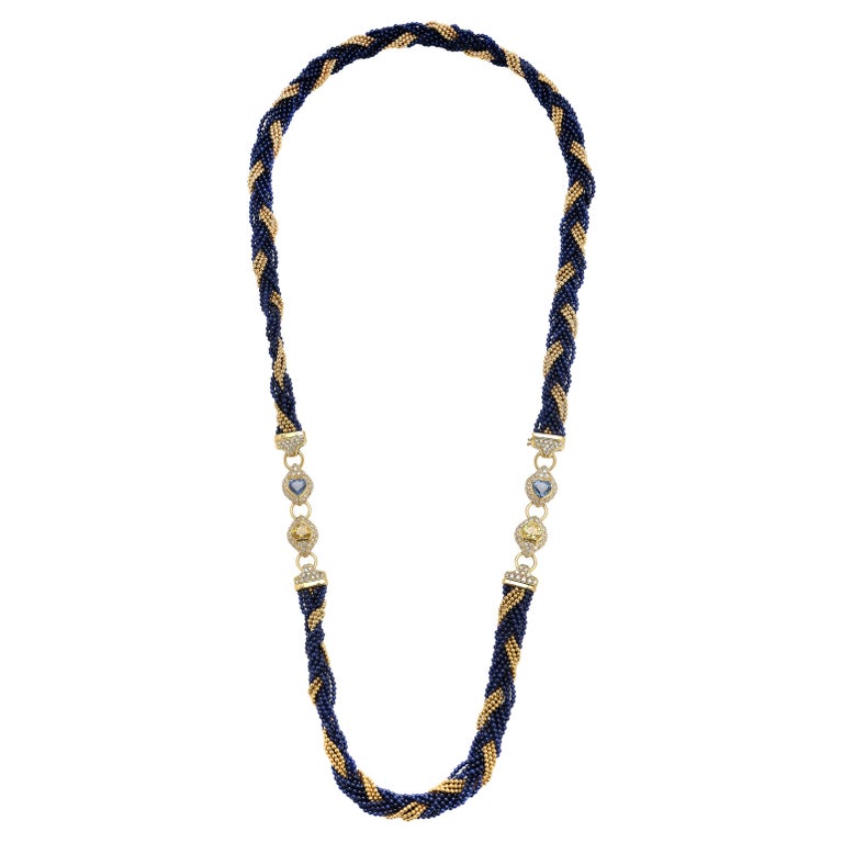 Heart Shape Sapphire and Gold Bead Diamond Necklace For Sale at 1stDibs