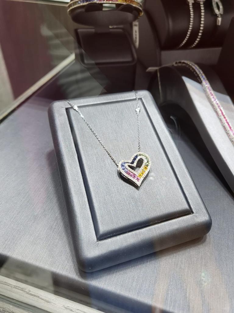 Baguette Cut Heart Shape Sapphire Necklace For Sale