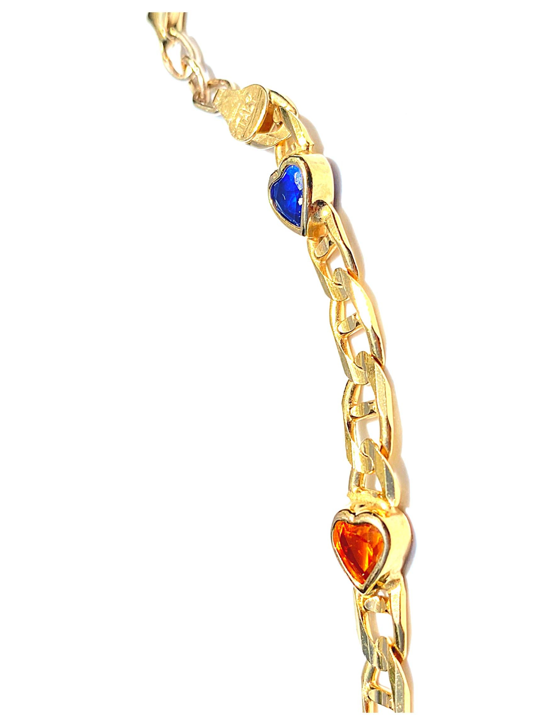 Heart-Shape Sapphire, Ruby, Peridot, Citrine 14k Yellow Gold Charm Bracelet For Sale 3