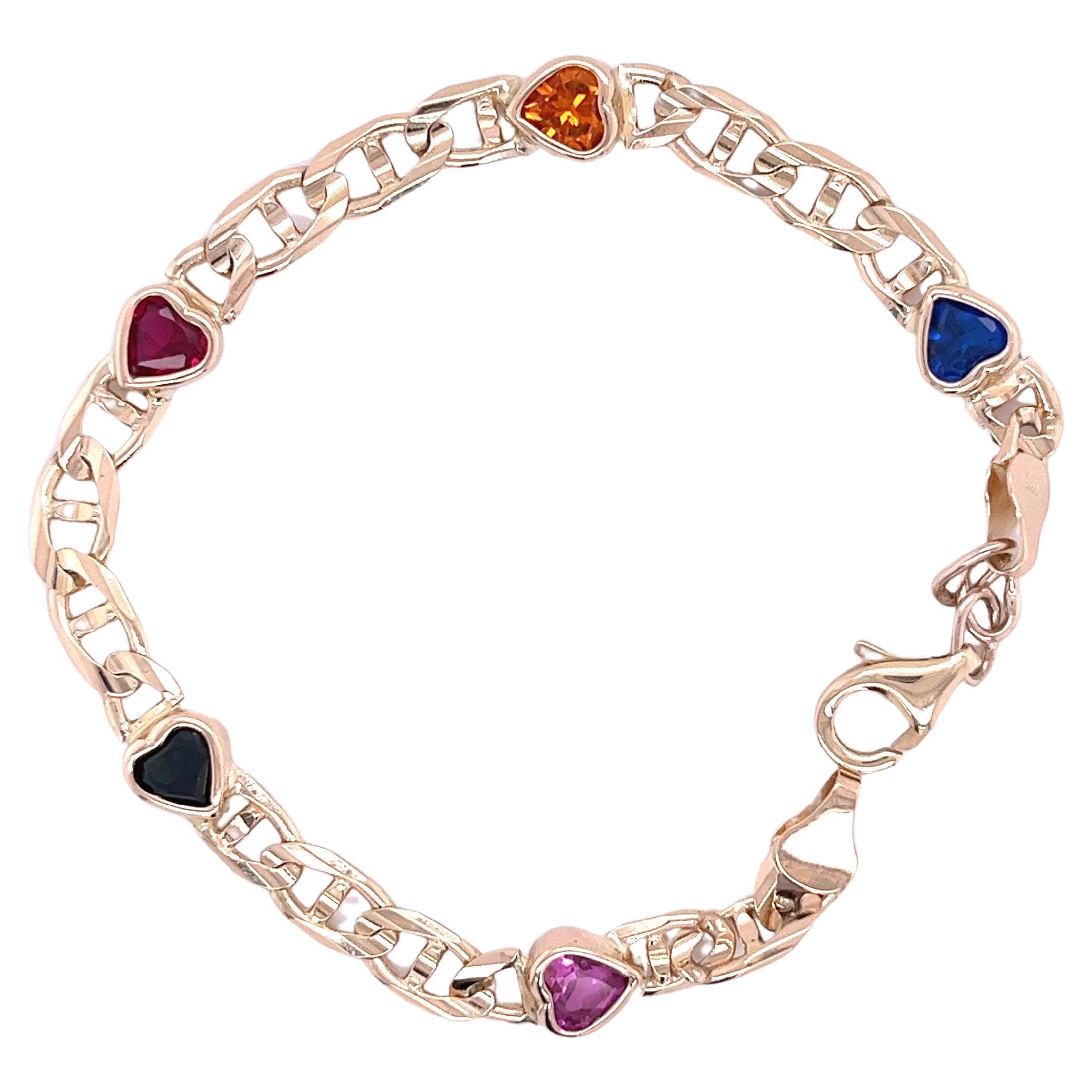Heart-Shape Sapphire, Ruby, Peridot, Citrine 14k Yellow Gold Charm Bracelet For Sale