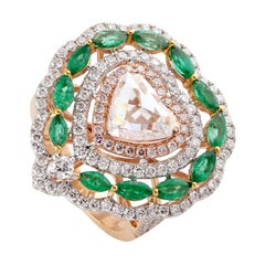 Heart Shape Shape Diamond with Diamonds and Emeralds Around Set in 18k Gold