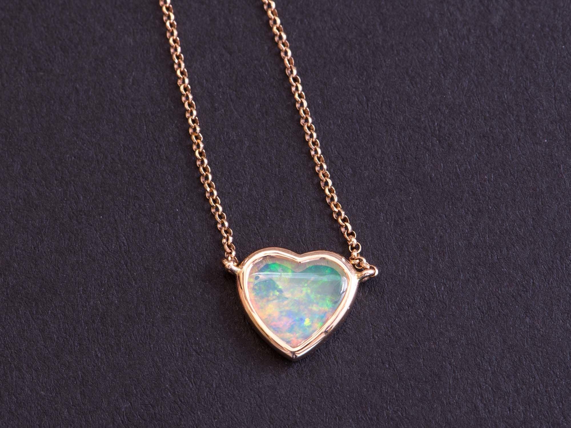 Heart Cut Heart-Shape Solid Australian Crystal Opal Bezel Set Necklace 14k Rose Gold R4139 For Sale