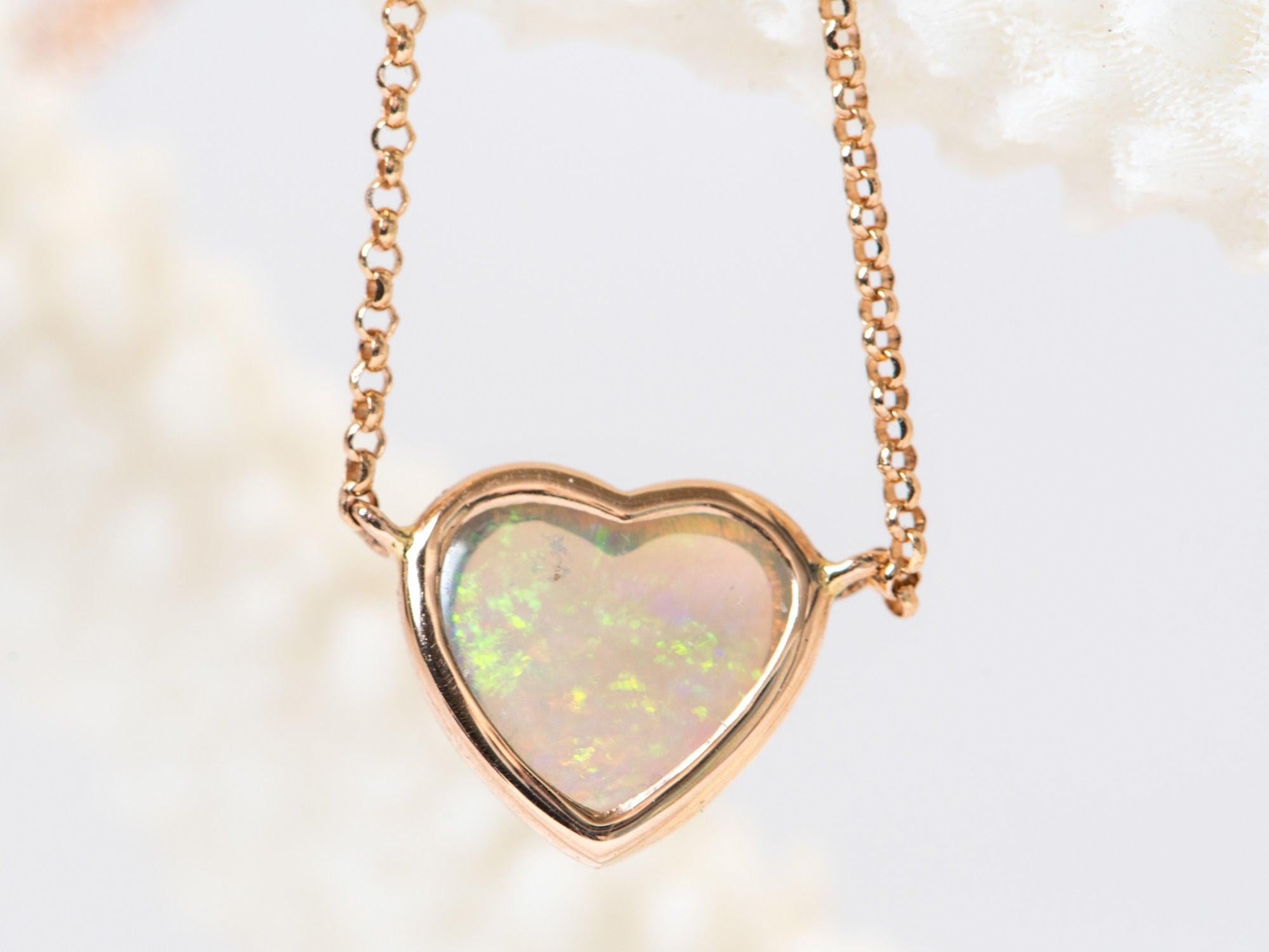 Heart-Shape Solid Australian Crystal Opal Bezel Set Necklace 14k Rose Gold R4139 In New Condition For Sale In Osprey, FL