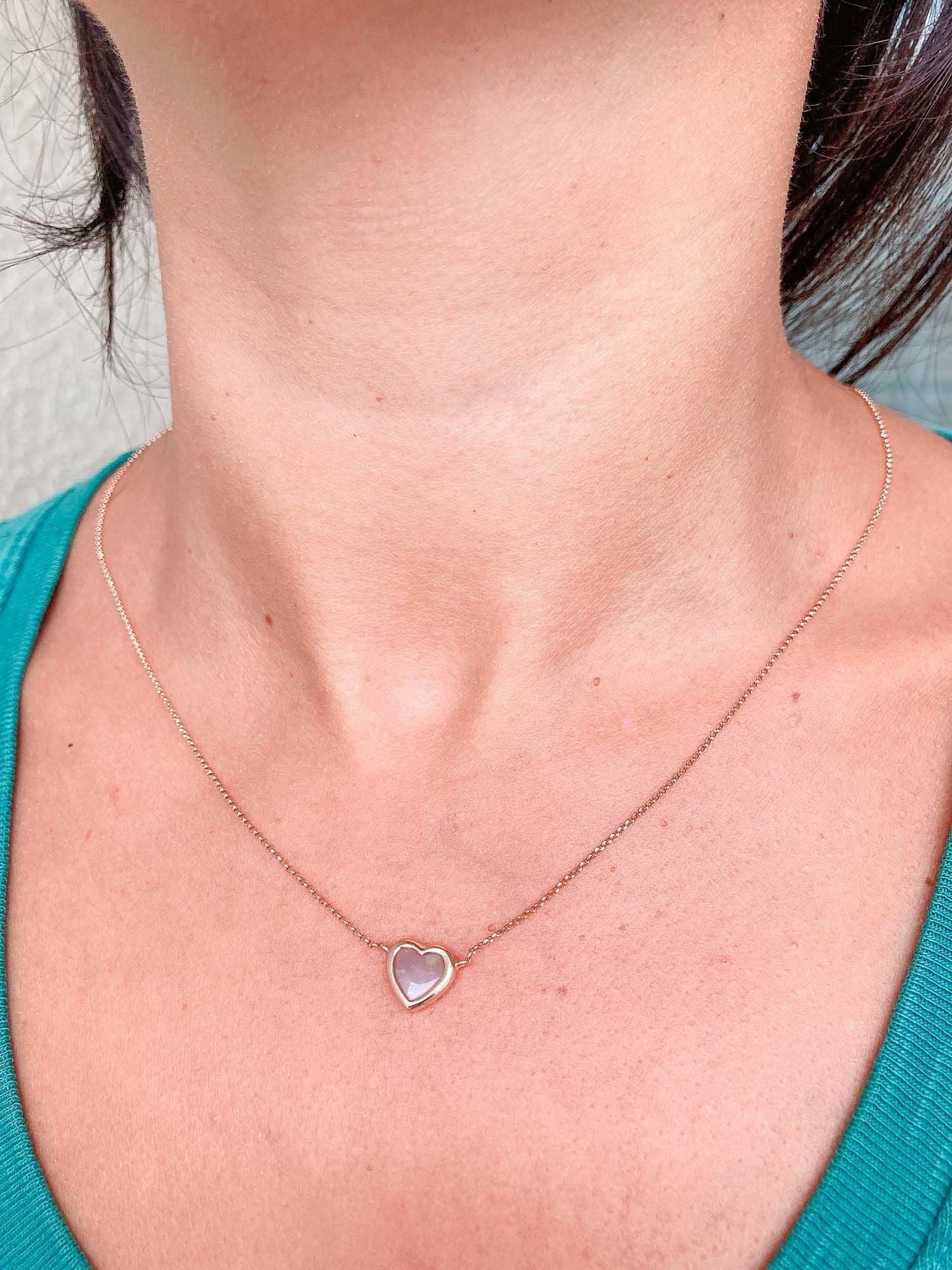 Women's Heart-Shape Solid Australian Crystal Opal Bezel Set Necklace 14k Rose Gold R4139 For Sale