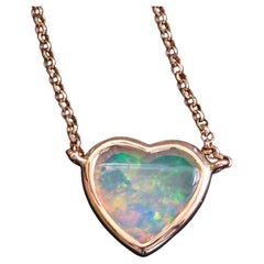 Heart-Shape Solid Australian Crystal Opal Bezel Set Necklace 14K Rose Gold R4139