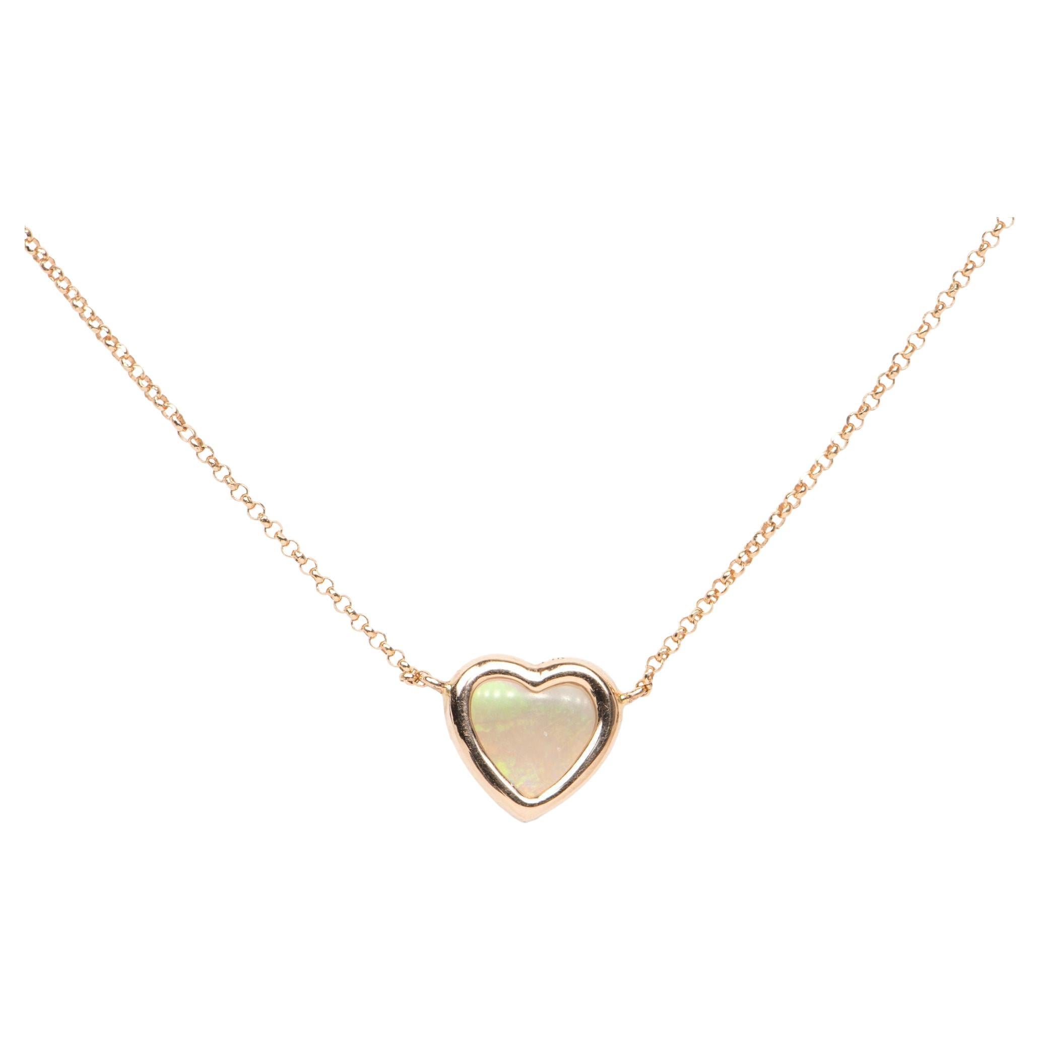 Heart-Shape Solid Australian Crystal Opal Bezel Set Necklace 14k Rose Gold R4139 For Sale