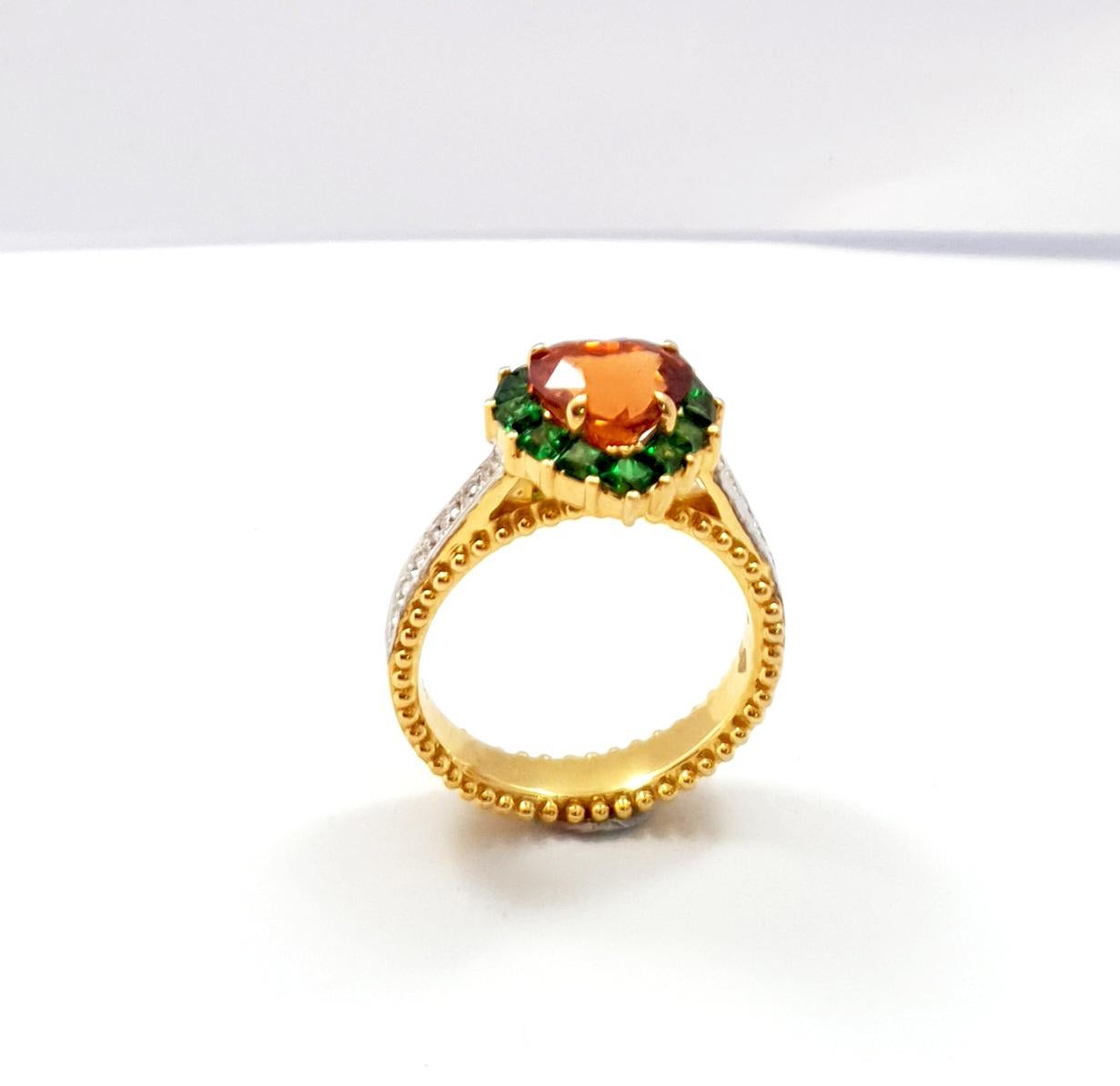 Heart Shape Spessartite Garnet, Tsavorite and Diamond Ring set in 18K Gold For Sale 6