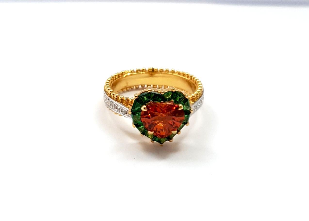 Heart Shape Spessartite Garnet, Tsavorite and Diamond Ring set in 18K Gold For Sale 7