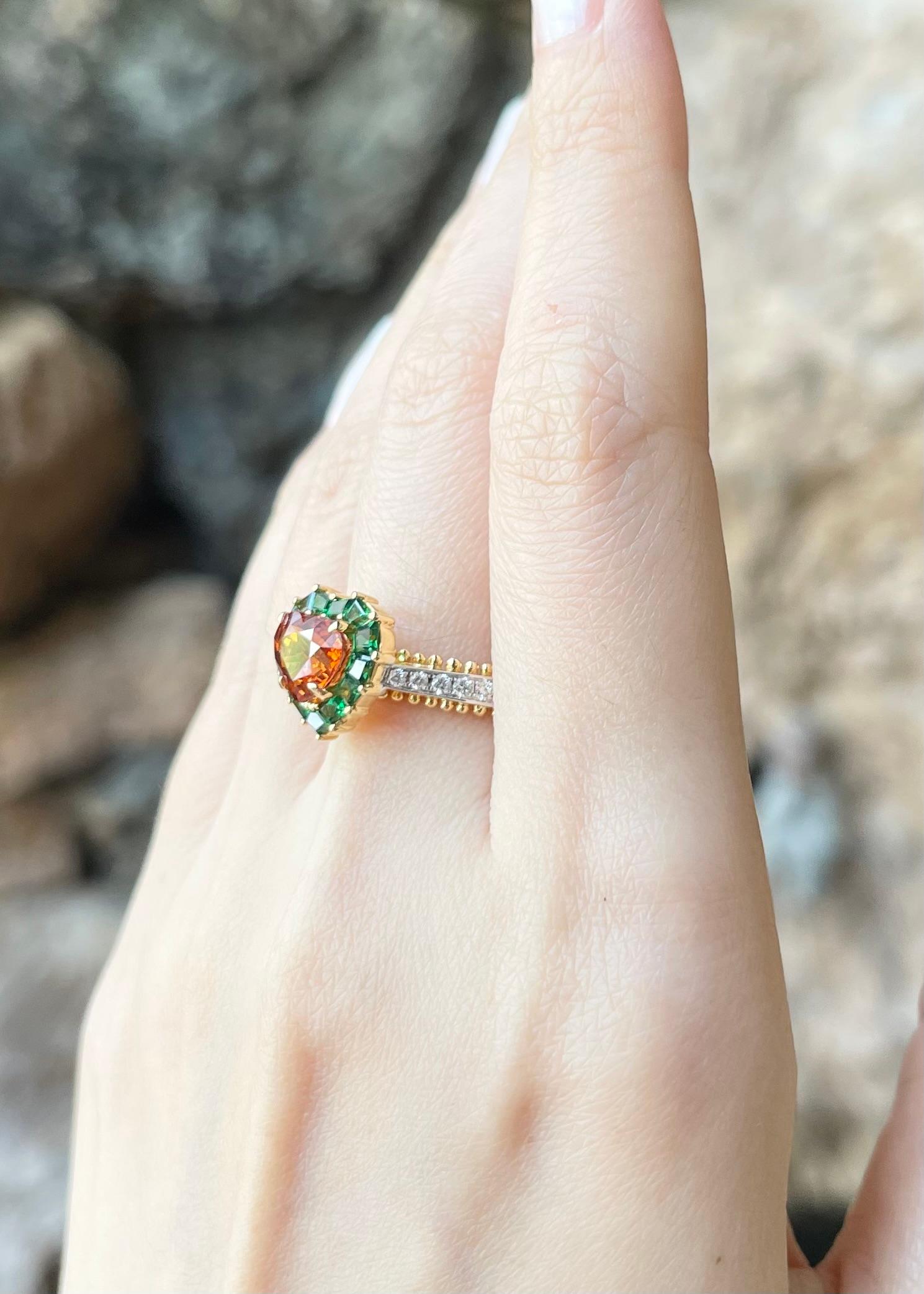 Heart Cut Heart Shape Spessartite Garnet, Tsavorite and Diamond Ring set in 18K Gold For Sale