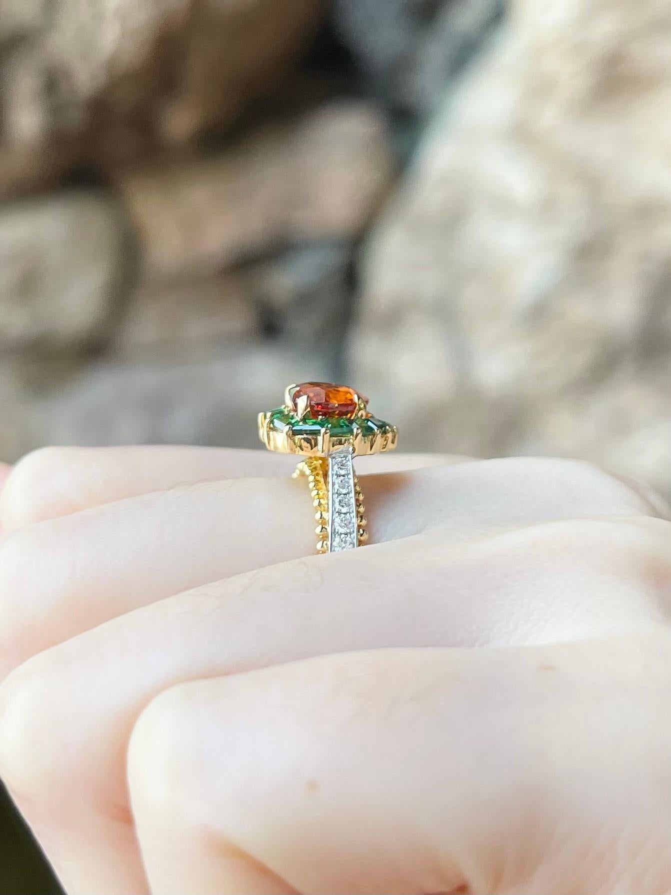 Women's Heart Shape Spessartite Garnet, Tsavorite and Diamond Ring set in 18K Gold For Sale