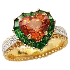 Heart Shape Spessartite Garnet, Tsavorite and Diamond Ring set in 18K Gold