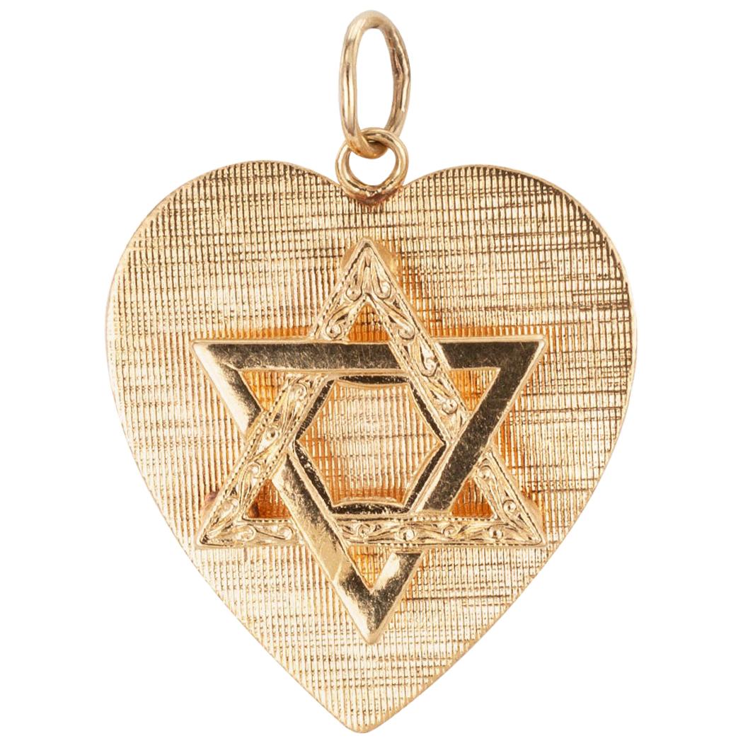 Heart Shape Star of David Yellow Gold Charm Pendant