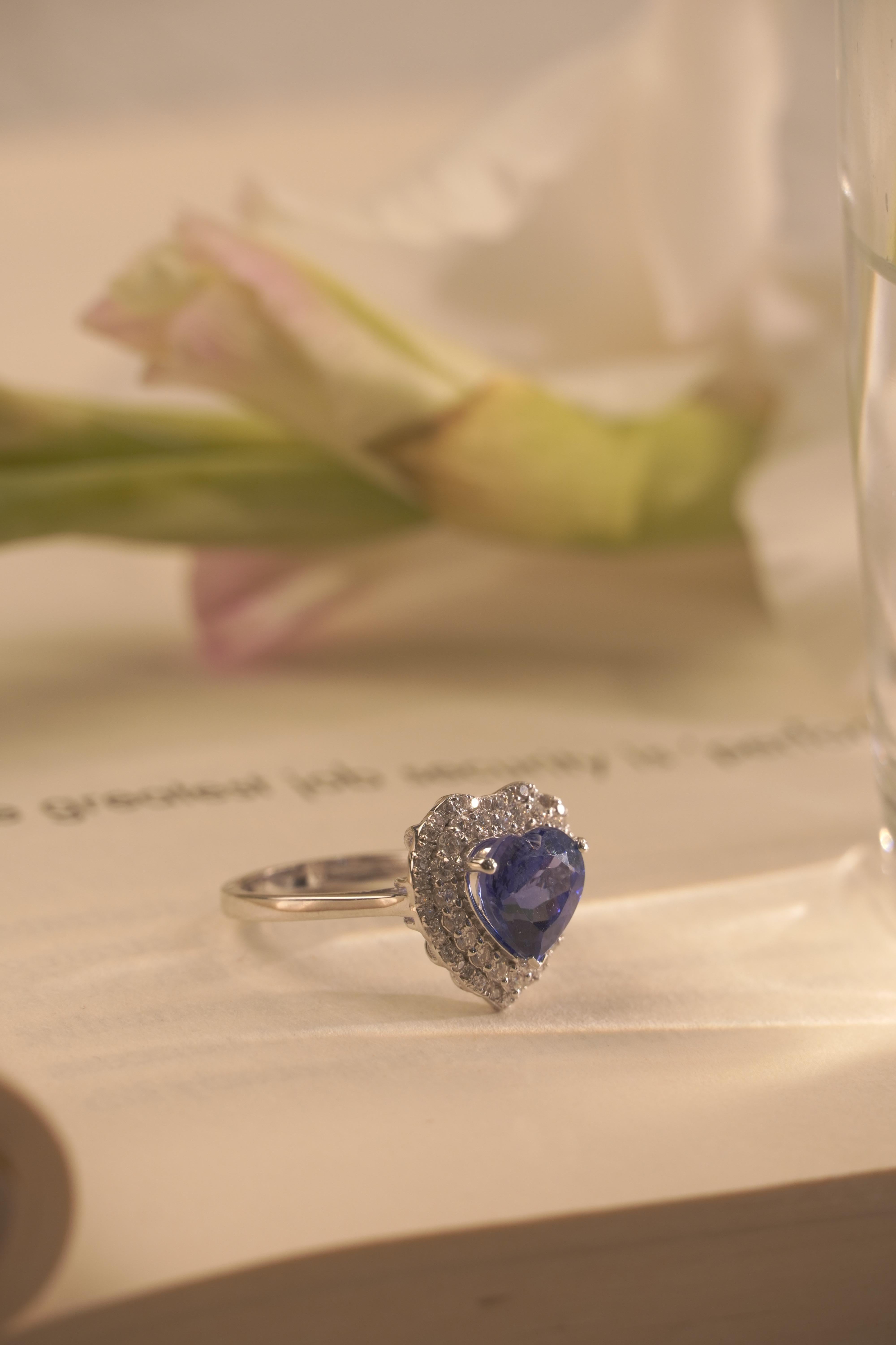 For Sale:  Heart Shape Tanzanite Solitaire Diamond Ring in 18K White Gold 3