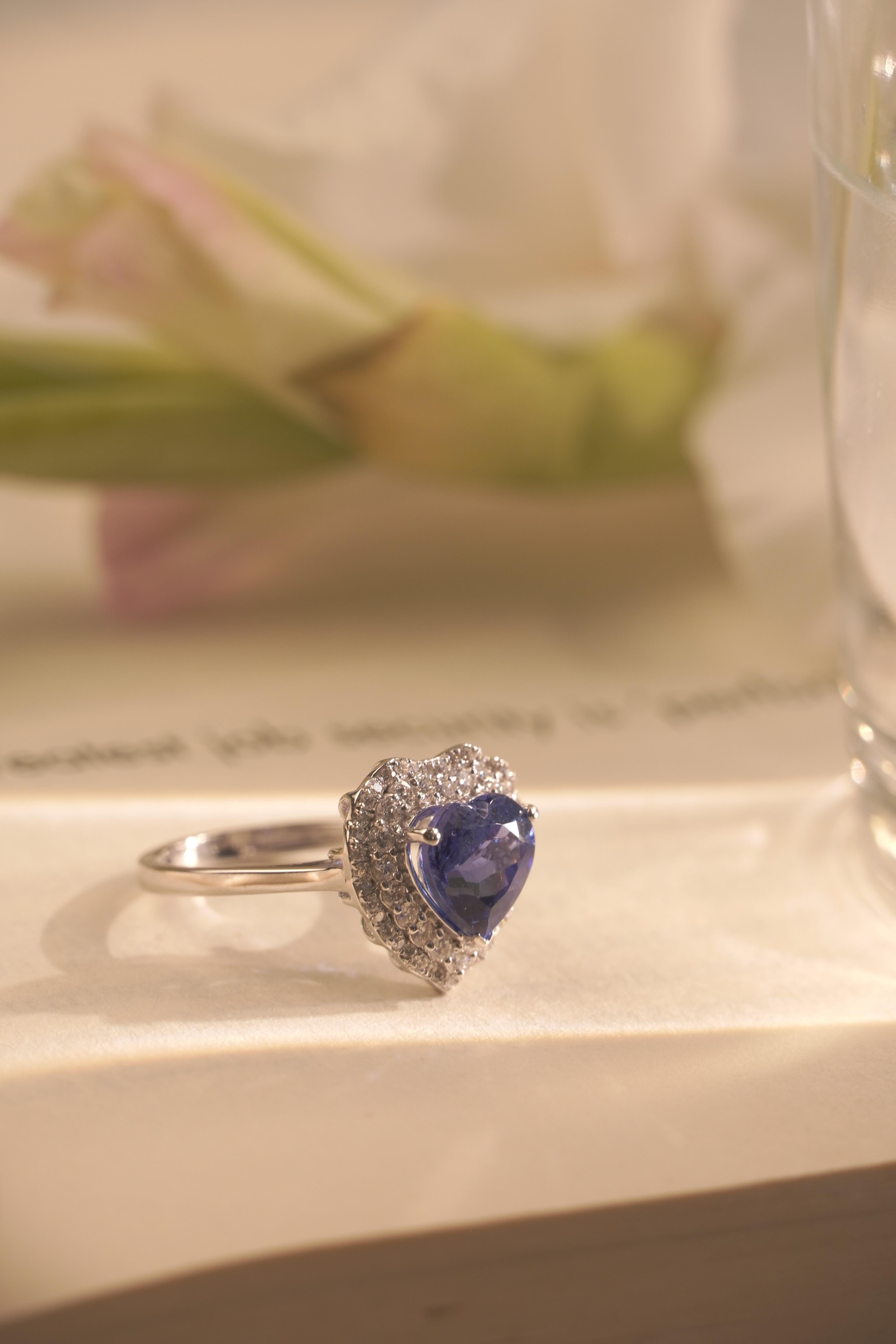 For Sale:  Heart Shape Tanzanite Solitaire Diamond Ring in 18K White Gold 5