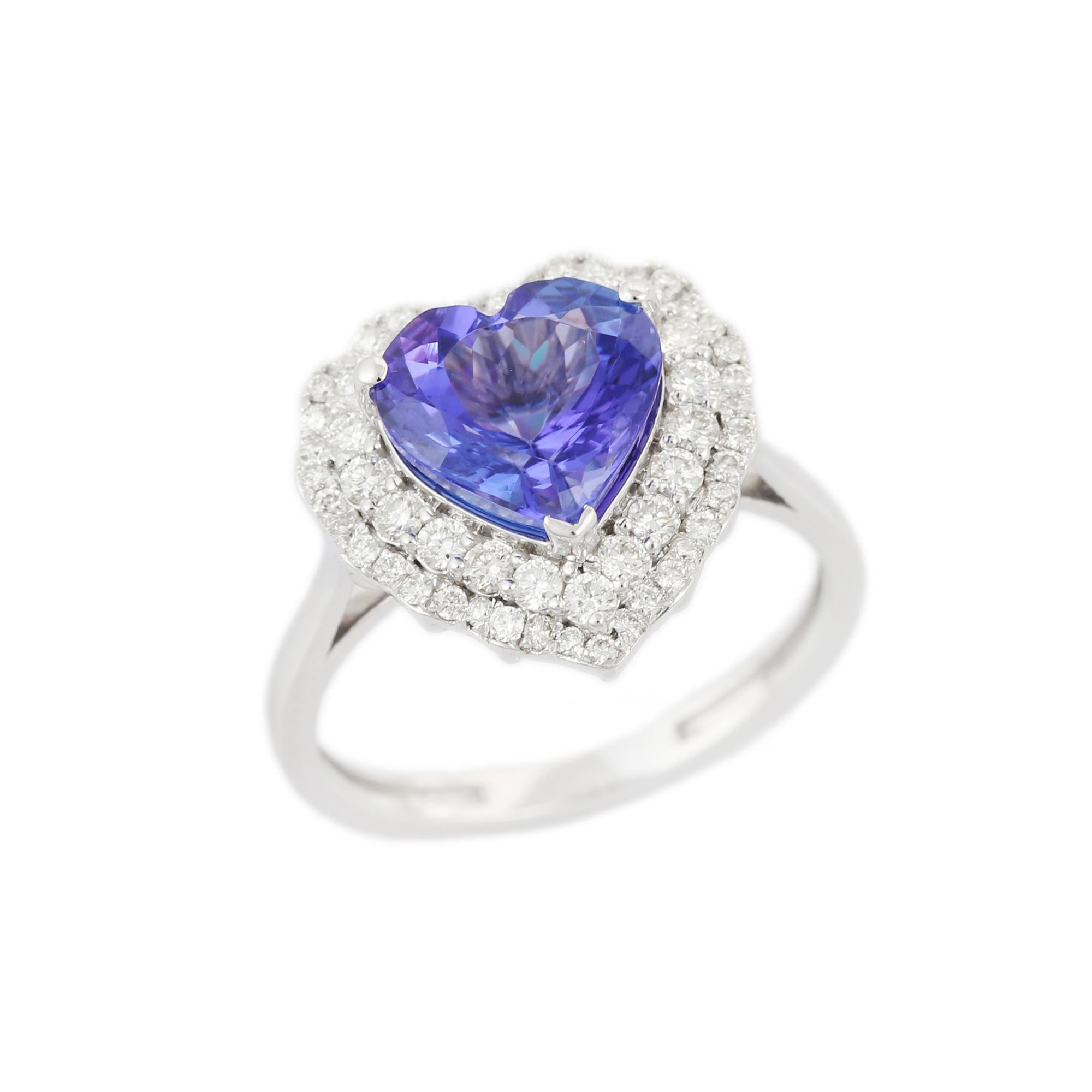 For Sale:  Heart Shape Tanzanite Solitaire Diamond Ring in 18K White Gold 6
