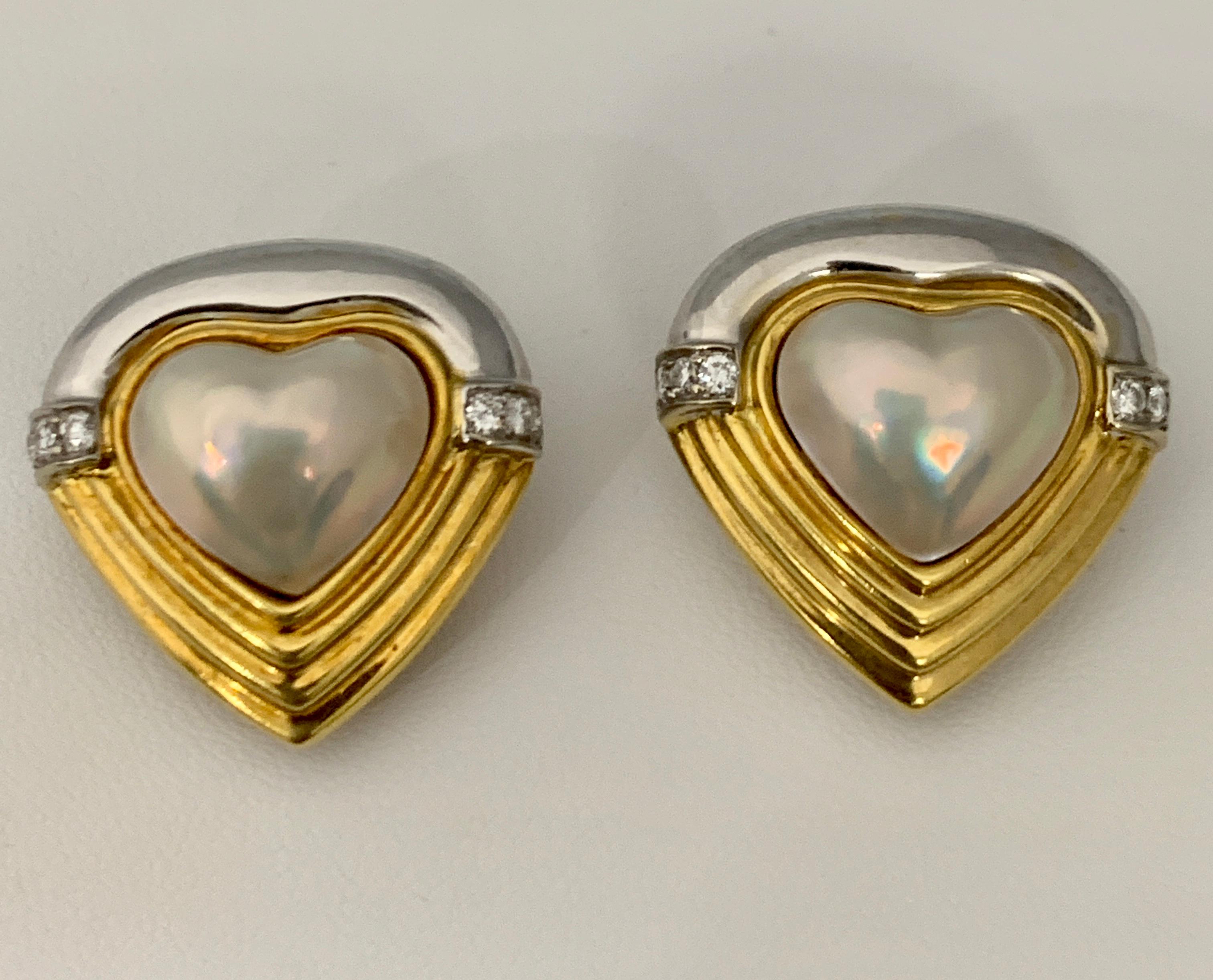 Heart Shape White Mabe Pearl & Diamond Stud Earrings 18 Karat Gold Two-Tone 2