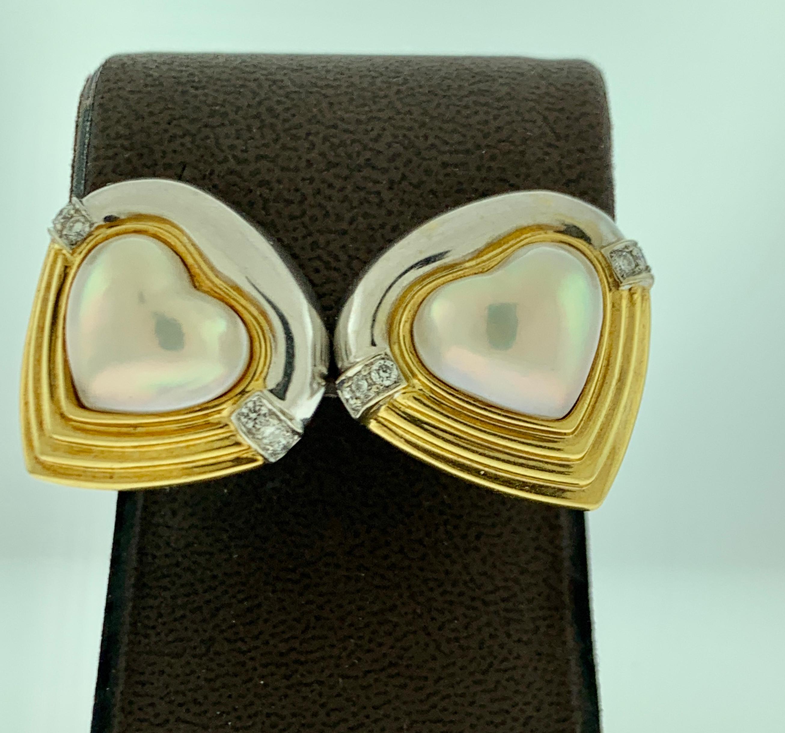 Heart Shape White Mabe Pearl & Diamond Stud Earrings 18 Karat Gold Two-Tone In Excellent Condition In New York, NY
