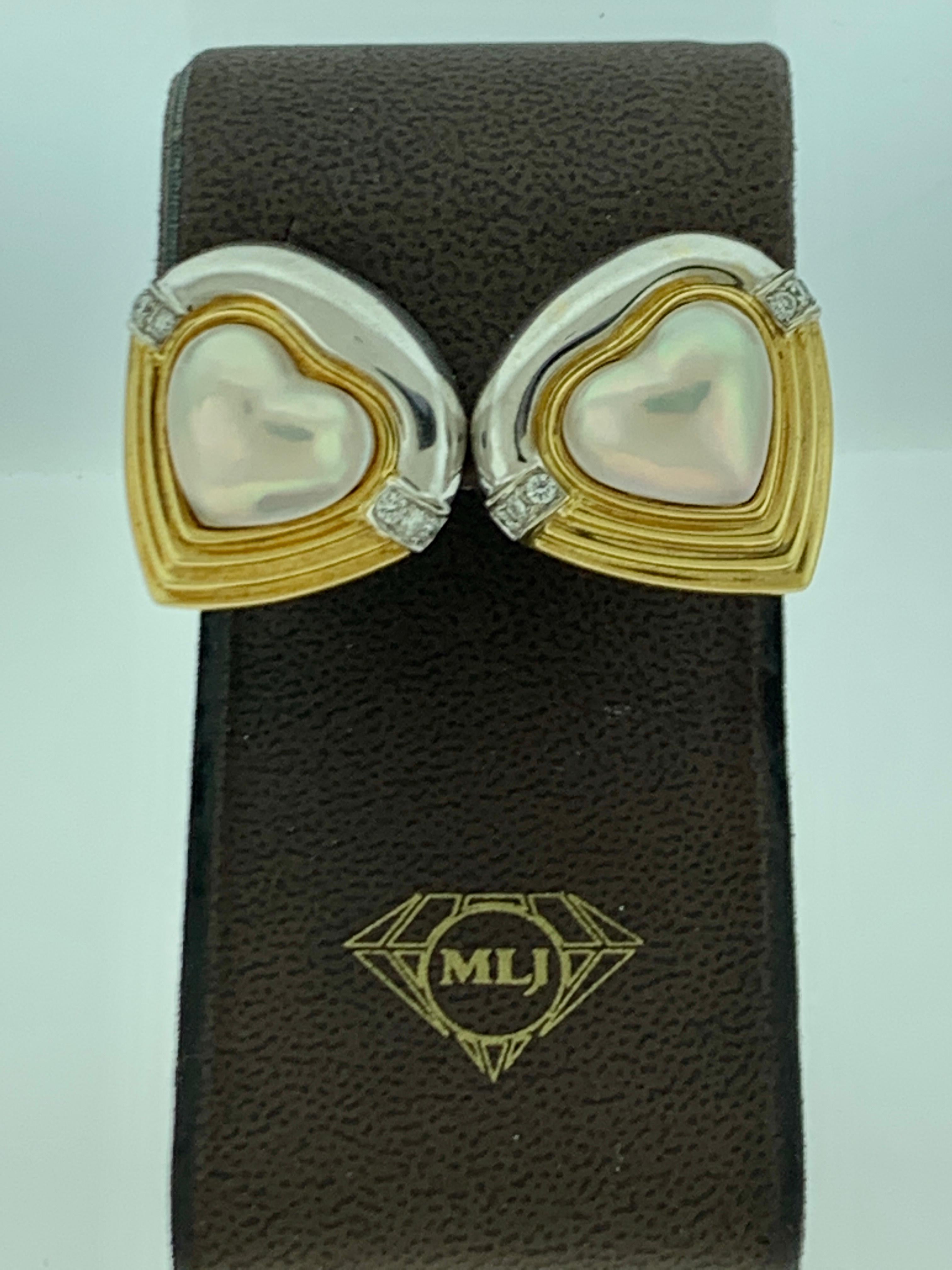 Women's Heart Shape White Mabe Pearl & Diamond Stud Earrings 18 Karat Gold Two-Tone