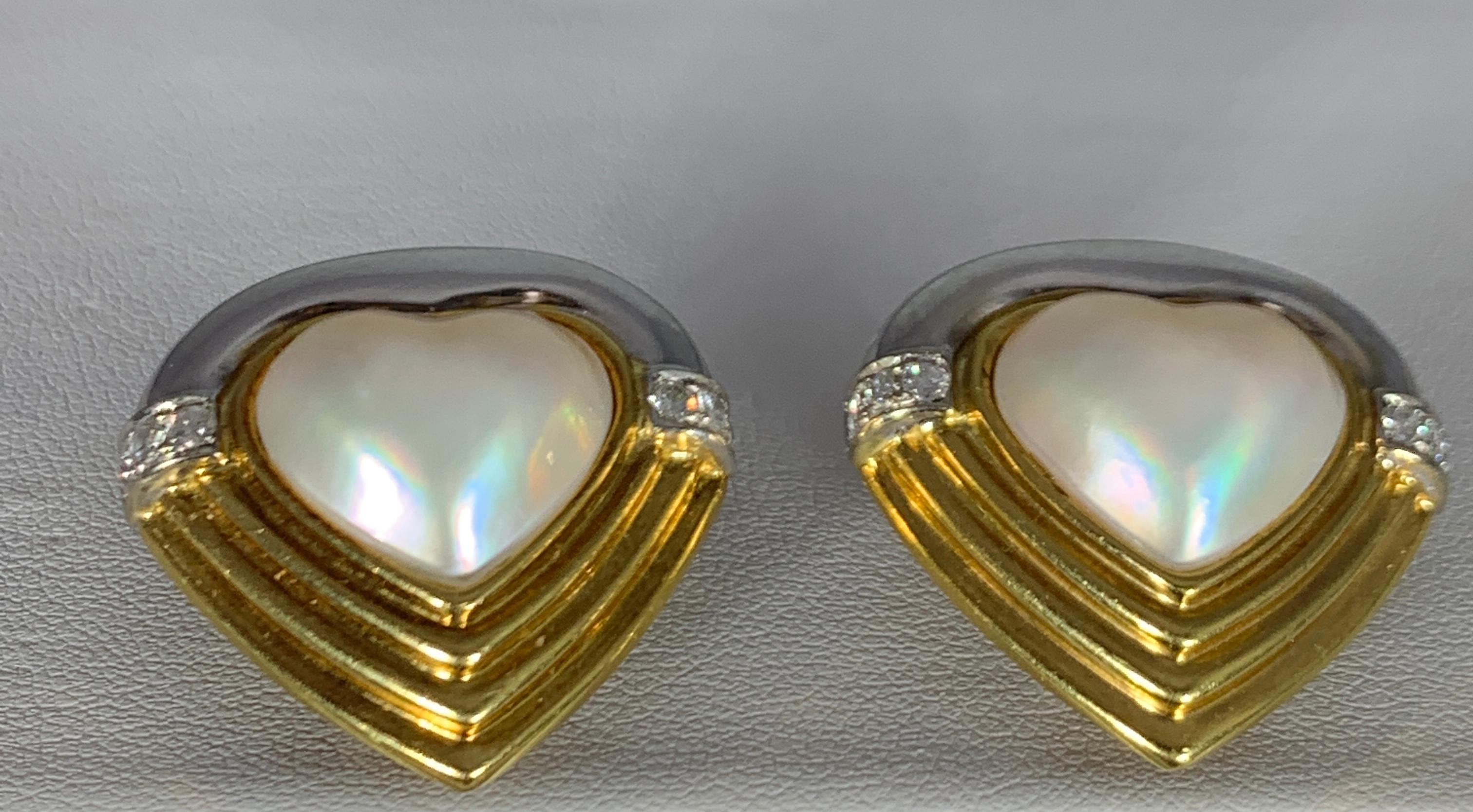Heart Shape White Mabe Pearl & Diamond Stud Earrings 18 Karat Gold Two-Tone 1