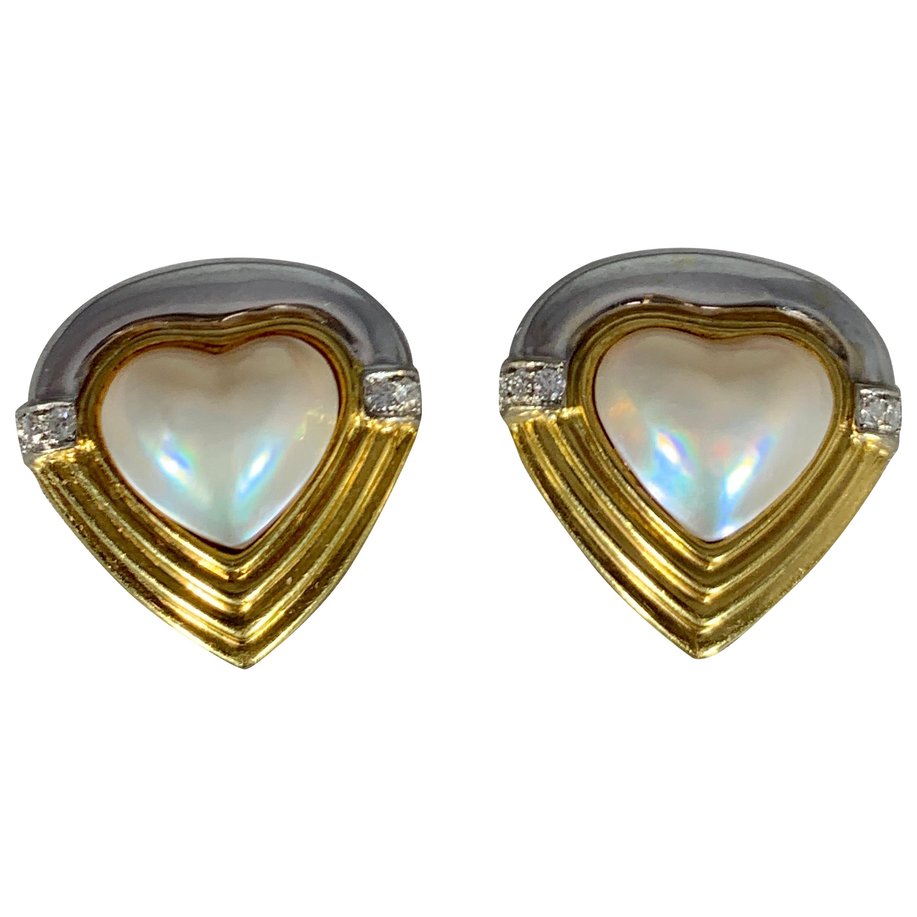 Heart Shape White Mabe Pearl & Diamond Stud Earrings 18 Karat Gold Two-Tone