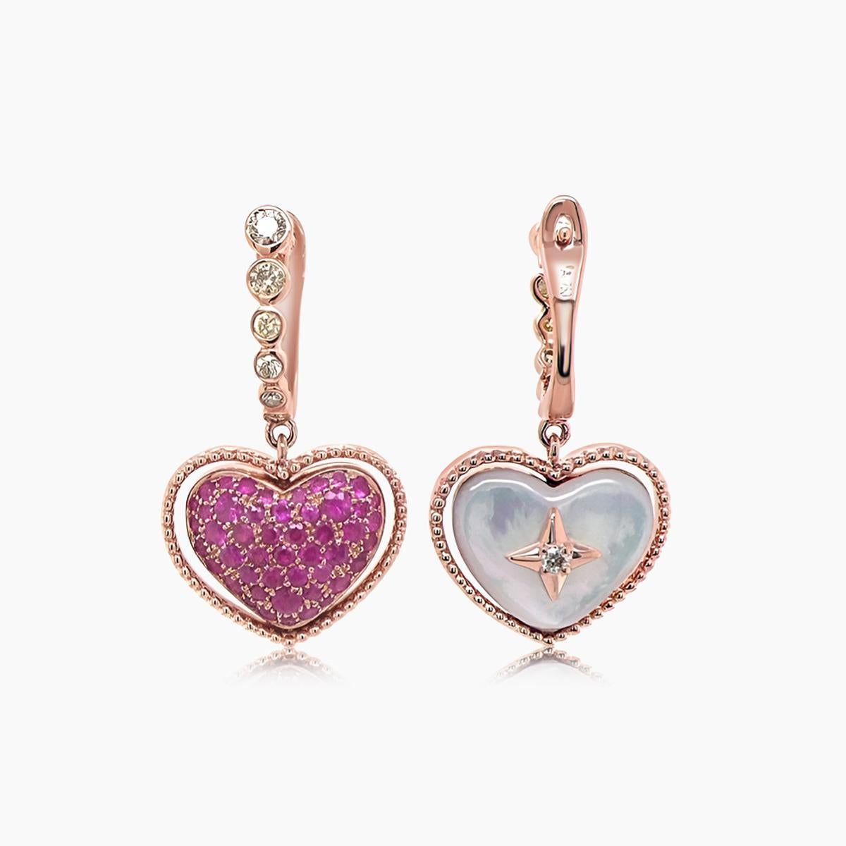 Orecchini d'amore a forma di cuore con perla bianca, rubino e diamanti fantasia in oro rosa 18 carati In condizioni Nuovo in vendita a Oakton, VA