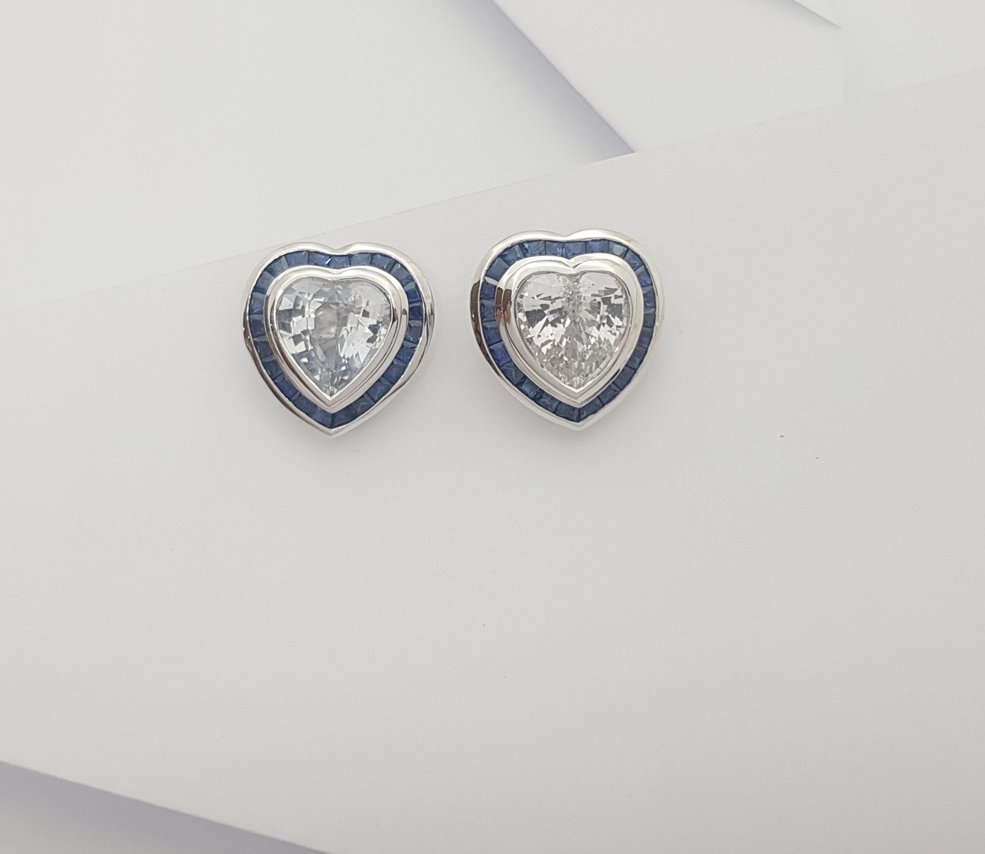 Heart Cut Heart Shape White Sapphire with Blue Sapphire Earrings Set in 18k White Gold For Sale