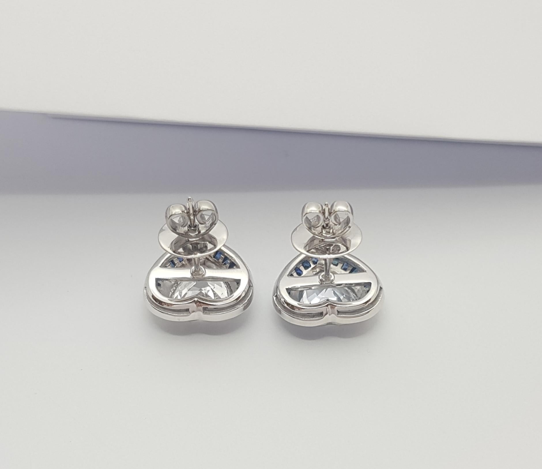 Heart Shape White Sapphire with Blue Sapphire Earrings Set in 18k White Gold For Sale 1