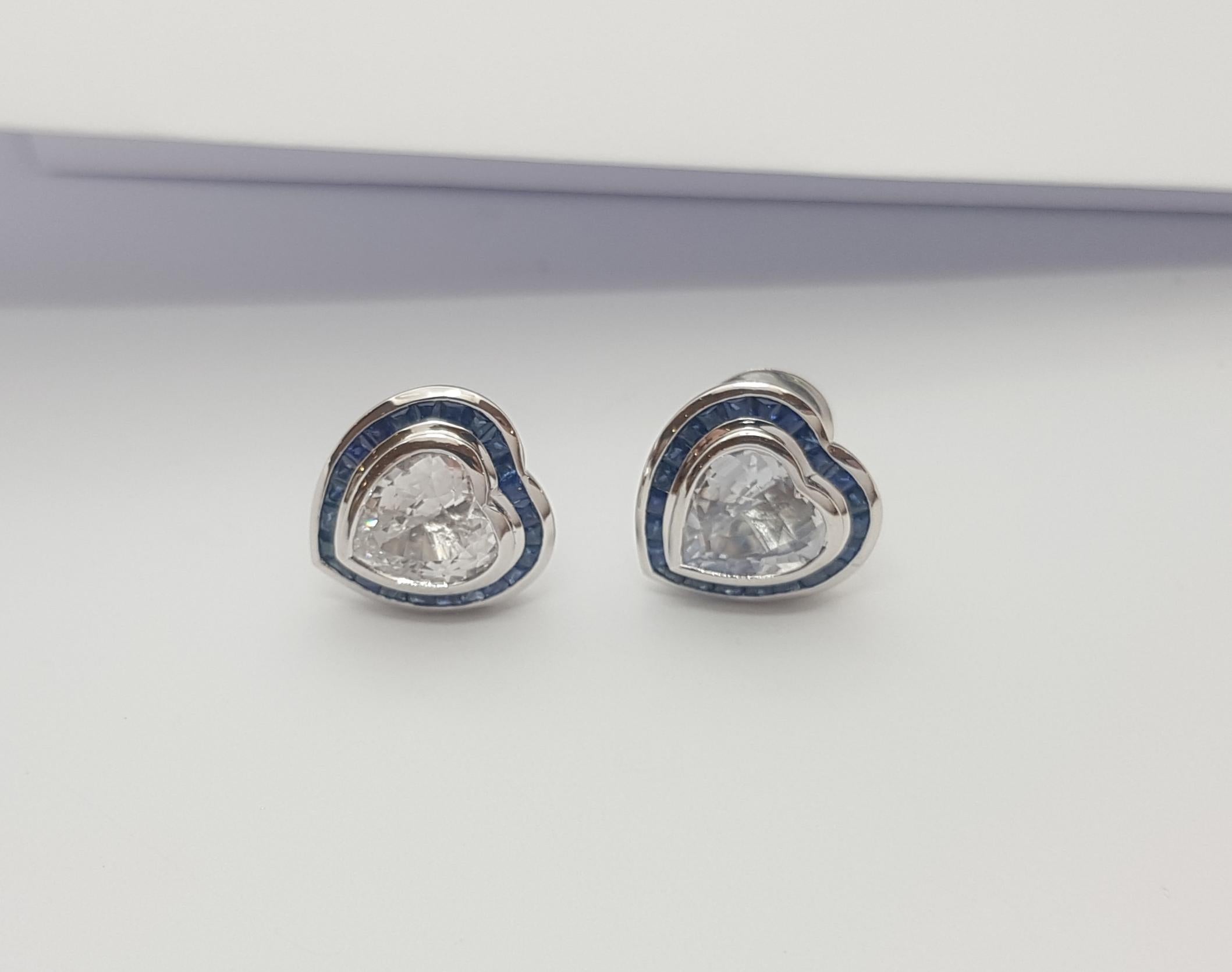 Heart Shape White Sapphire with Blue Sapphire Earrings Set in 18k White Gold For Sale 2