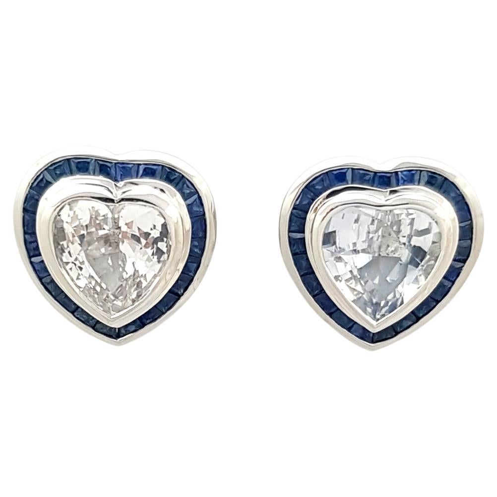 Heart Shape White Sapphire with Blue Sapphire Earrings Set in 18k White Gold For Sale