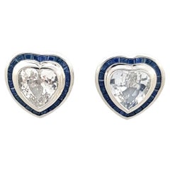 Heart Shape White Sapphire with Blue Sapphire Earrings Set in 18k White Gold