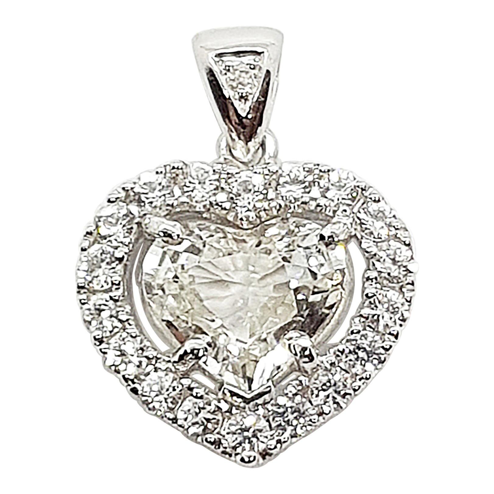 Pendentif en or blanc 18 carats serti d'un saphir blanc en forme de cœur et de diamant