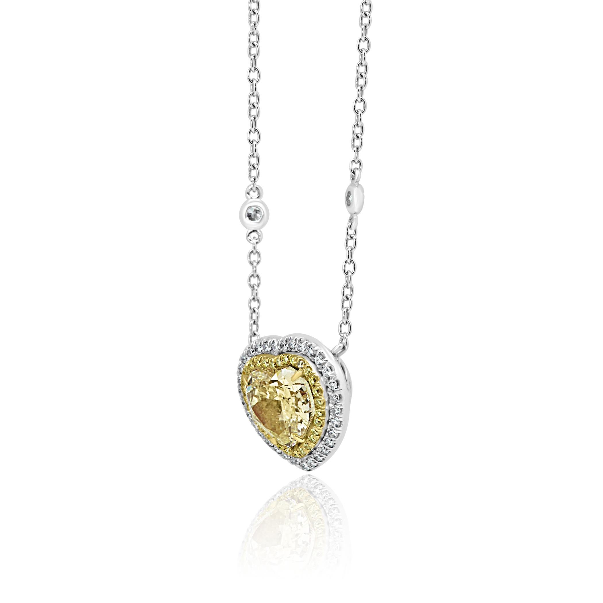 Contemporary Heart Shape Yellow Diamond Double Halo Two-Color Gold Diamond by Yard Necklace