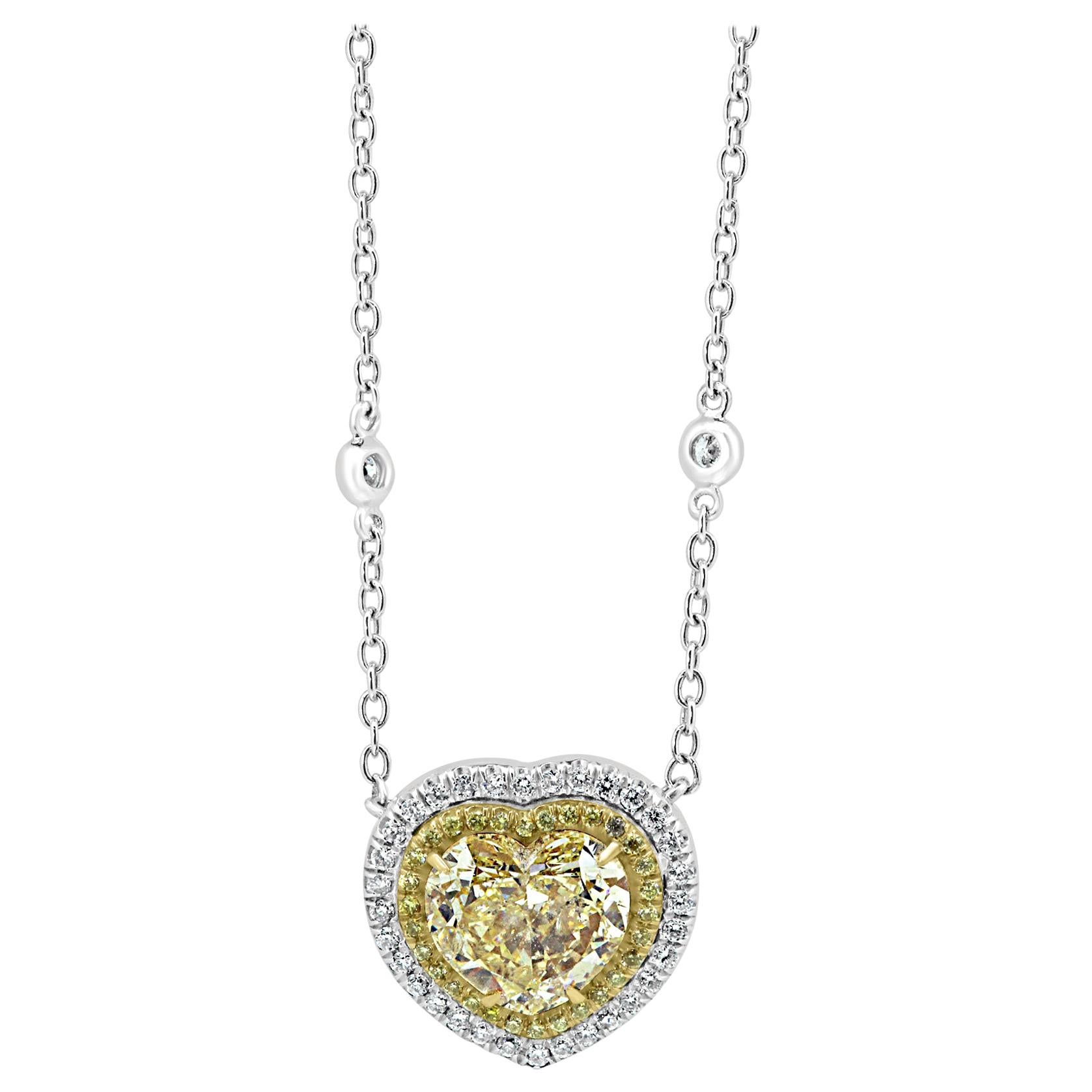 Heart Shape Yellow Diamond Double Halo Two-Color Gold Diamond by Yard Necklace