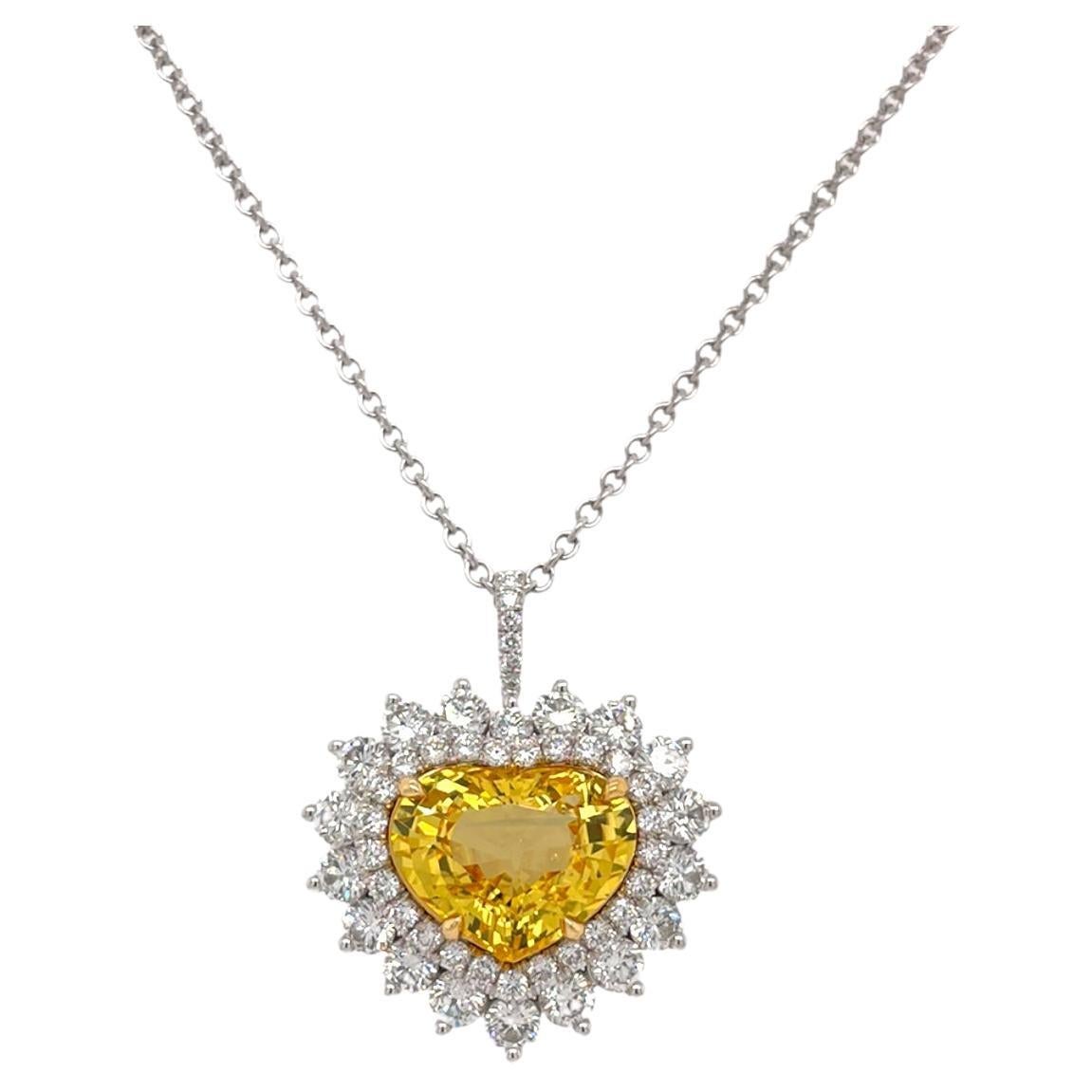 Heart Shape Yellow Sapphire & Diamond Pendant in 18K Two Tone Gold For Sale
