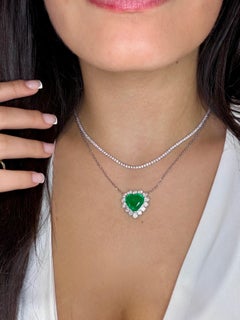 Zambian Emerald Diamond Heart Pendant Necklace 18K White Gold 6.69 Carats