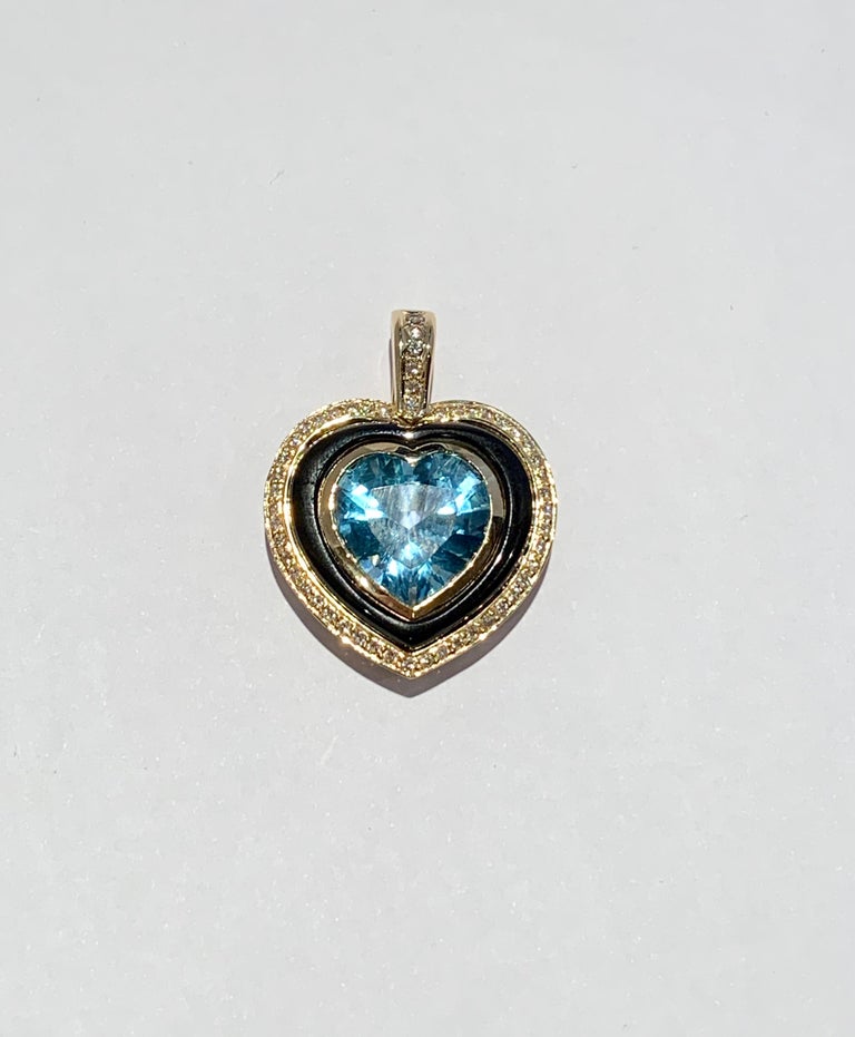 Heart Shaped 10 Carat Blue Topaz Onyx and Diamond Pendant in 9 Carat ...