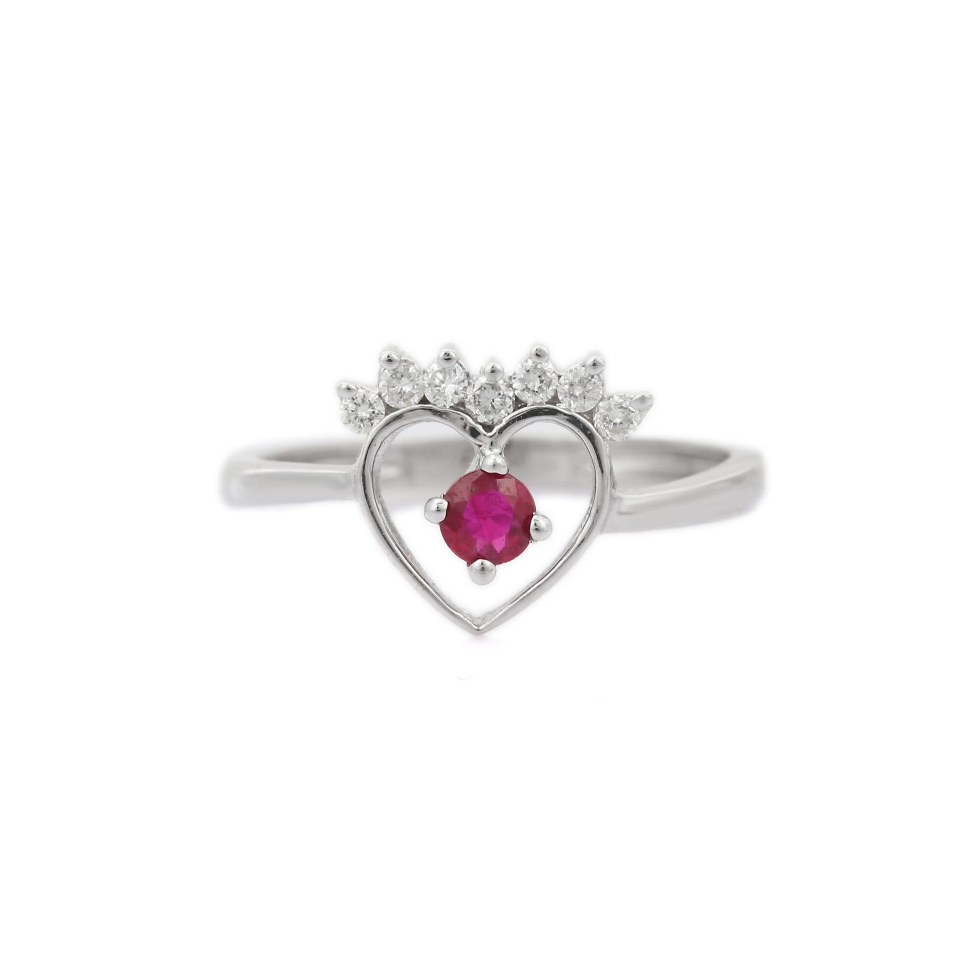 For Sale:  Heart Shaped 18k Solid White Gold Red Ruby and Diamond Ring 2