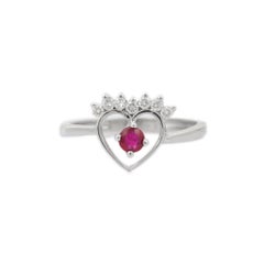Heart Shaped 18k Solid White Gold Red Ruby and Diamond Ring