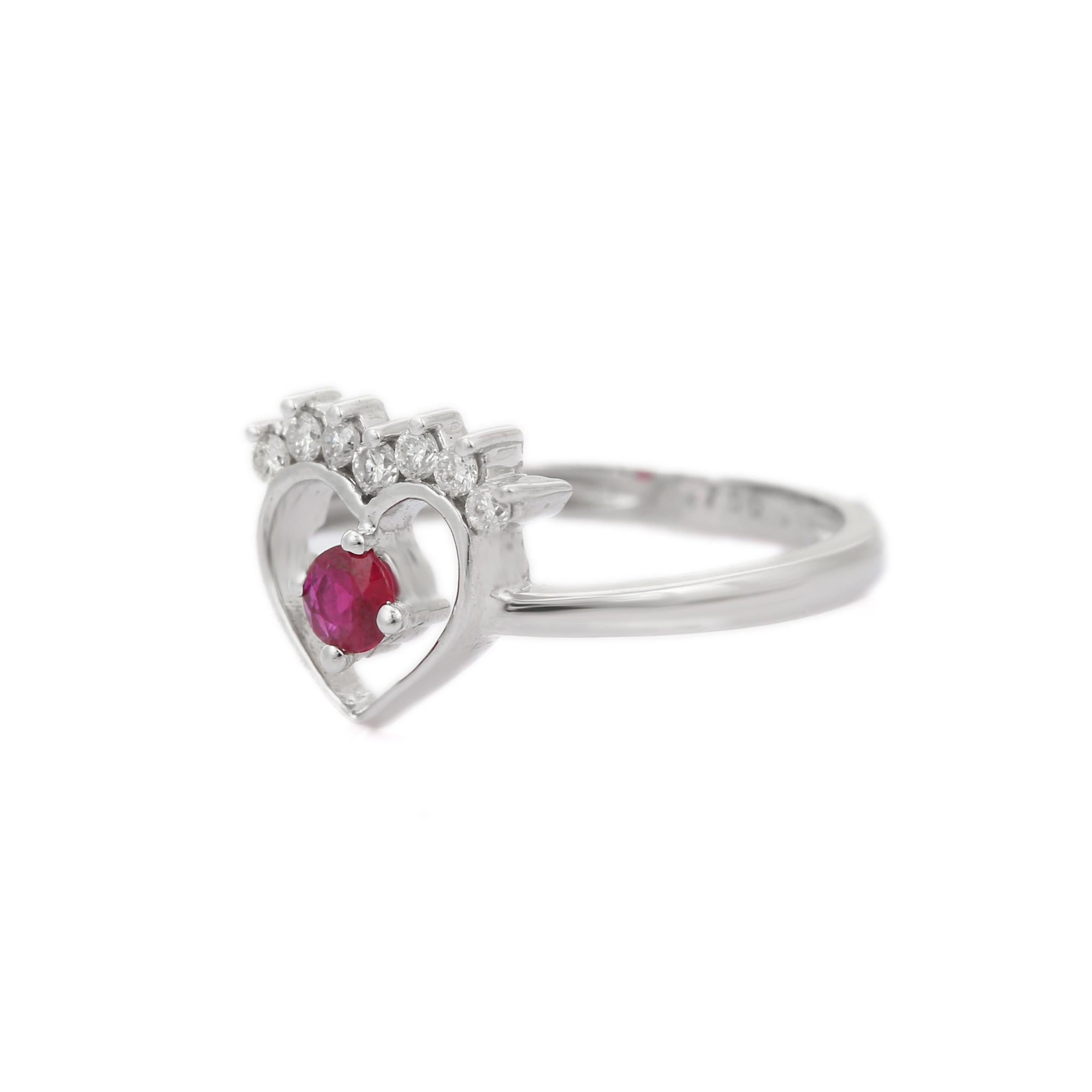For Sale:  Heart Shaped 18k Solid White Gold Red Ruby and Diamond Ring 3