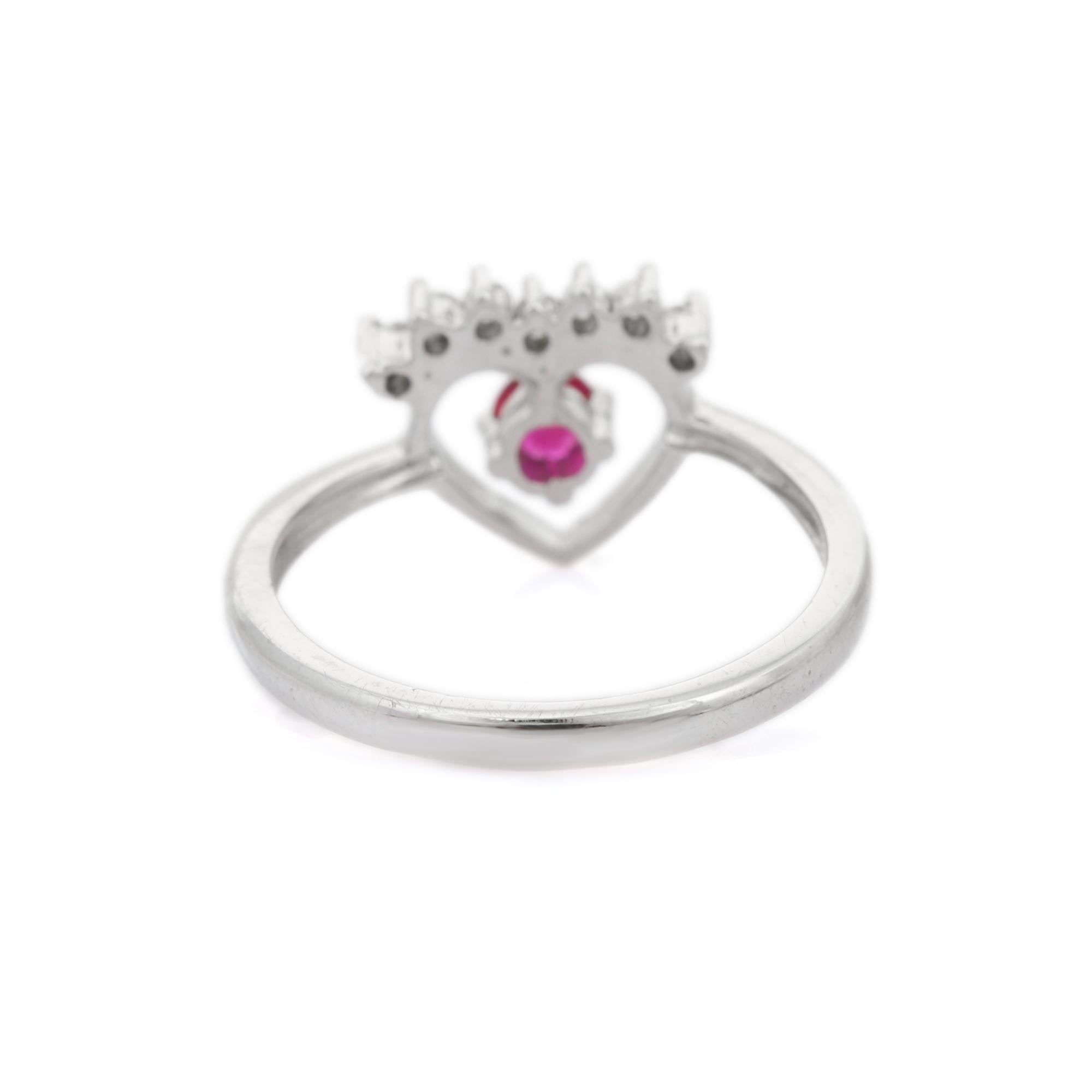 For Sale:  Heart Shaped 18k Solid White Gold Red Ruby and Diamond Ring 4