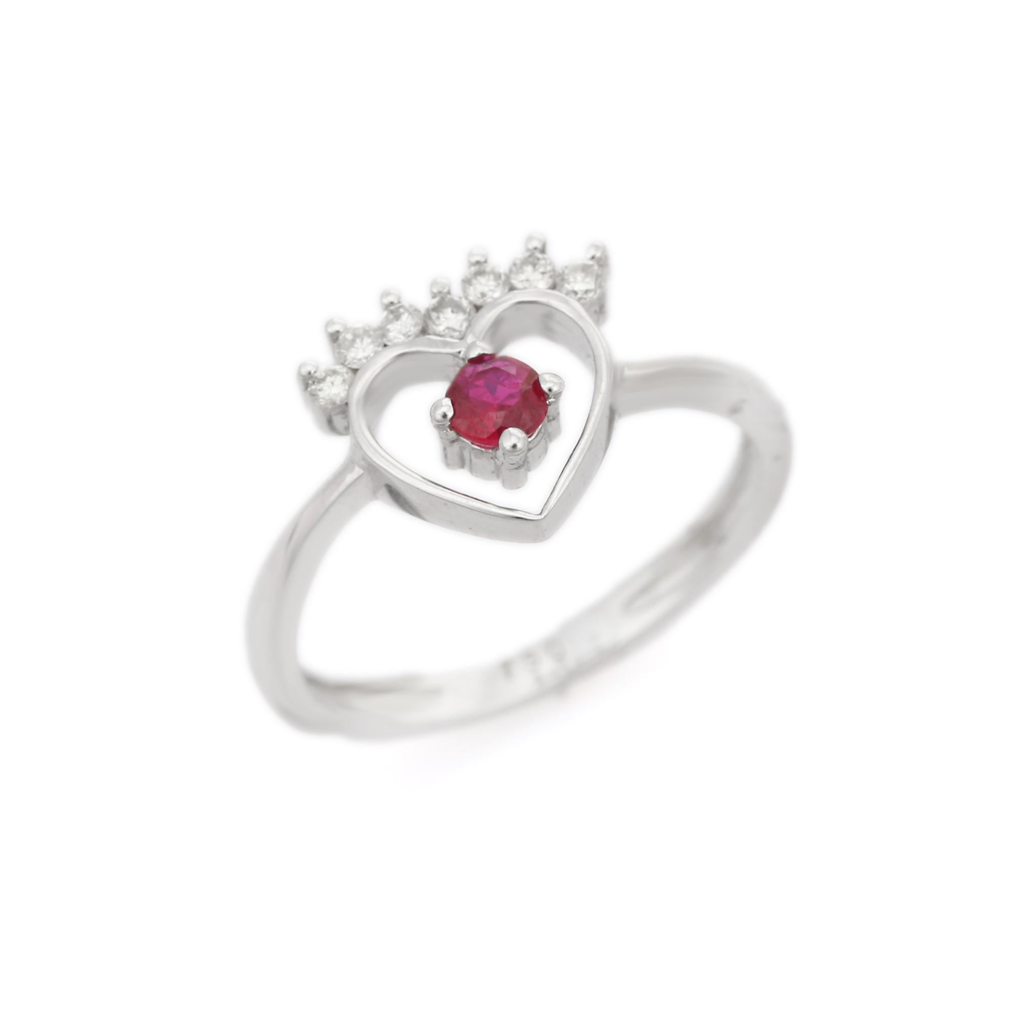 For Sale:  Heart Shaped 18k Solid White Gold Red Ruby and Diamond Ring 5