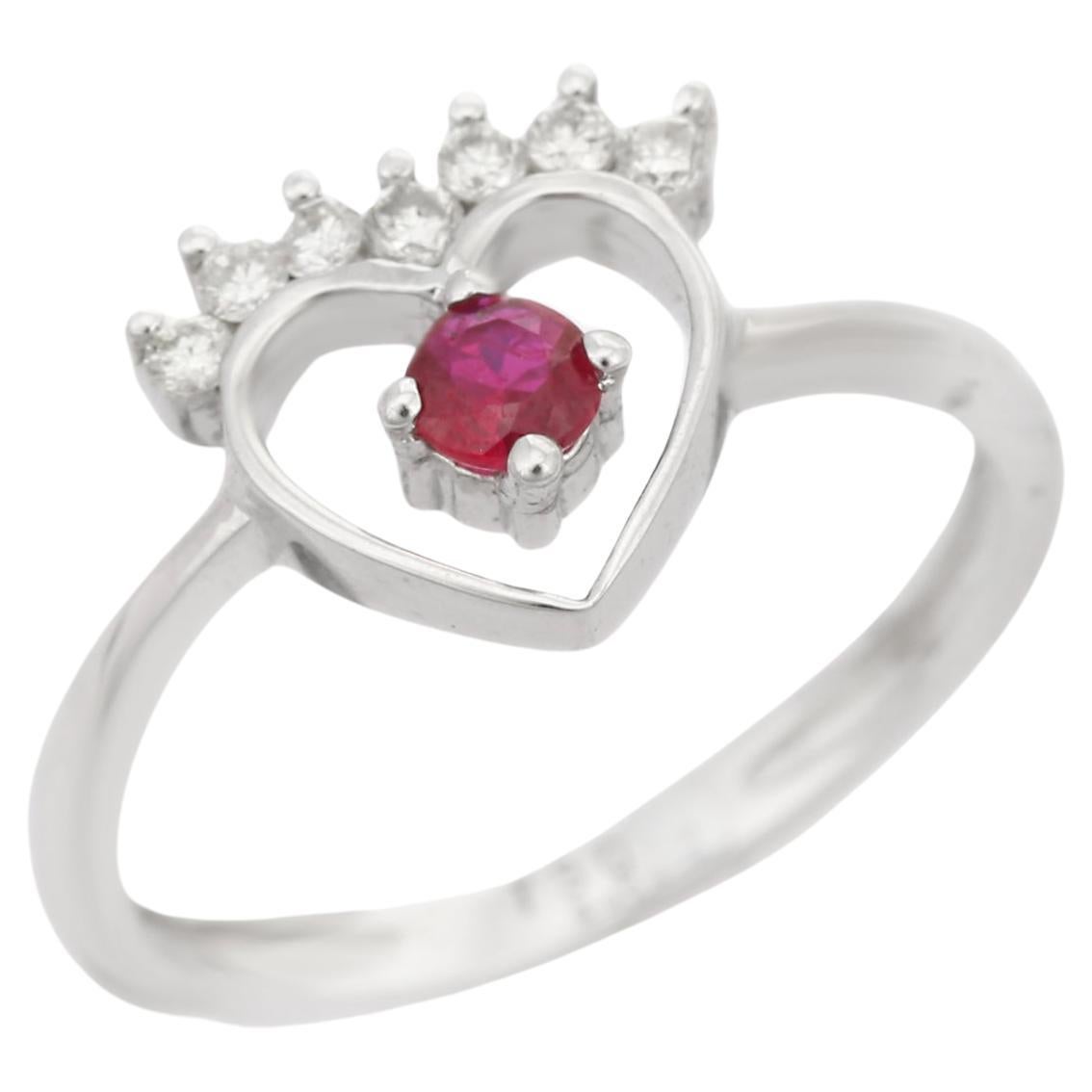 For Sale:  Heart Shaped 18k Solid White Gold Red Ruby and Diamond Ring