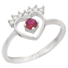 Heart Shaped 18k Solid White Gold Red Ruby and Diamond Ring