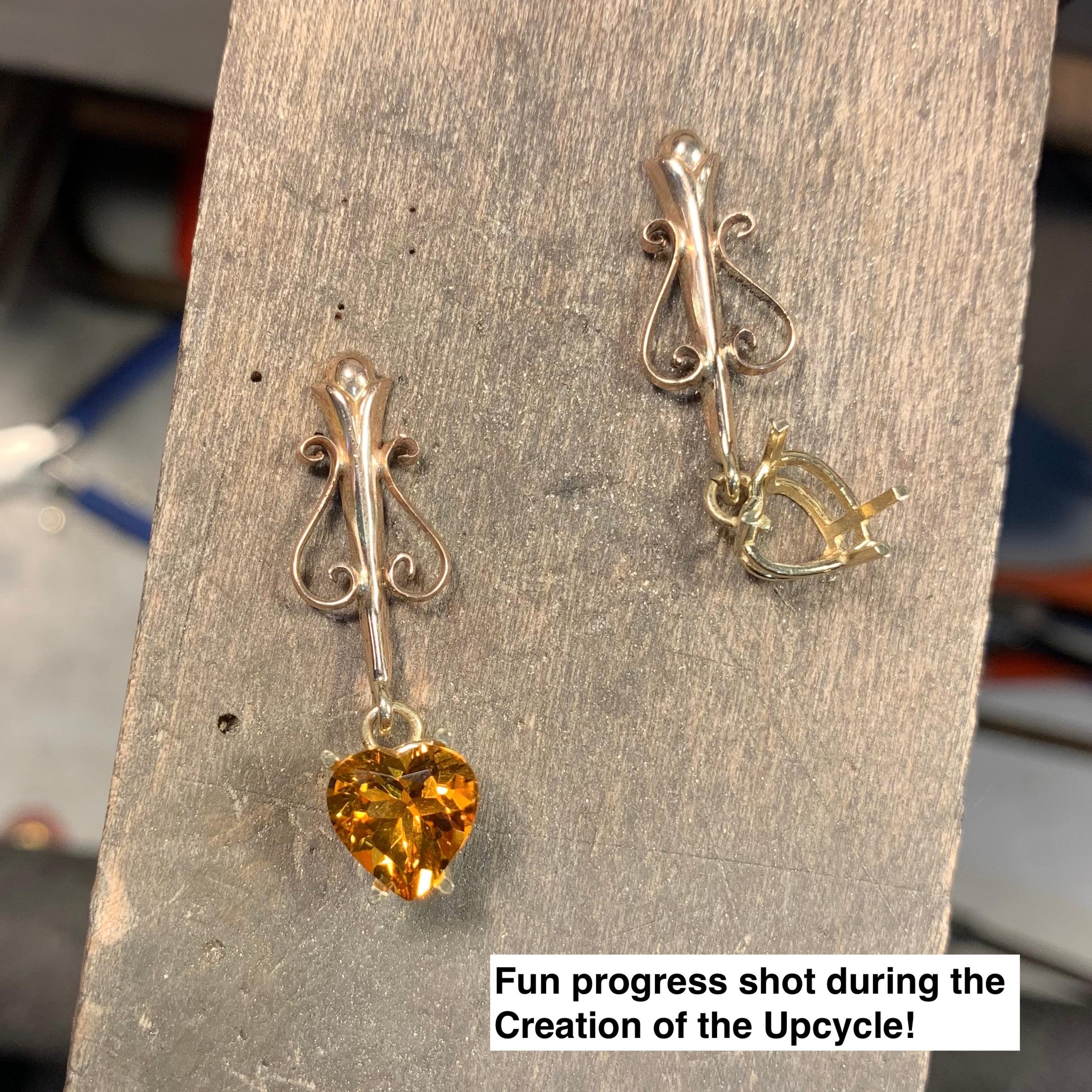 Heart shaped 4.27 total carat citrine and upcycled gold dangle earrings For Sale 3